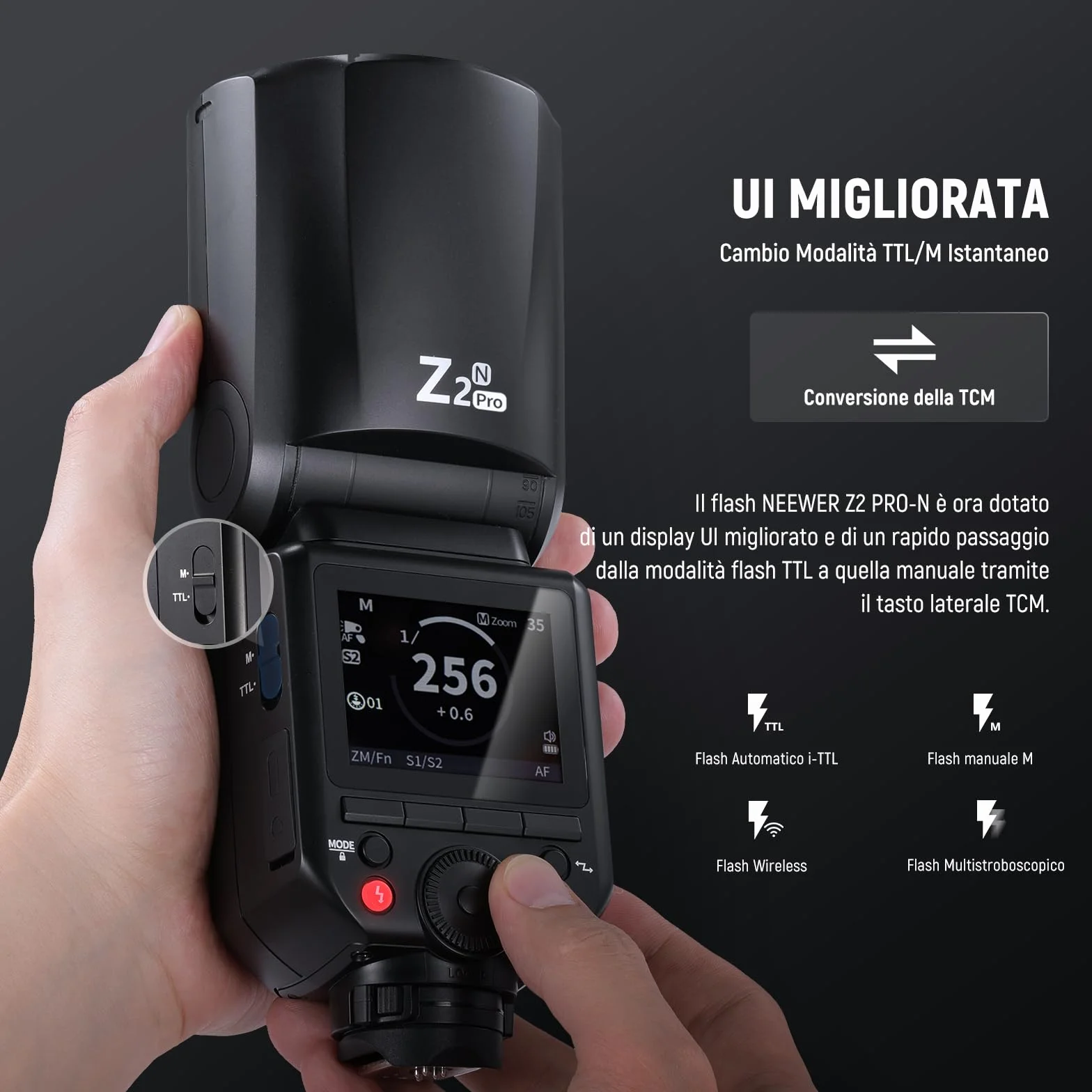 NEEWER Z2PRO-N Flash Speedlite Rotondo TTL 2.4G Compatibile con Nikon, Wireless Compatibile con Godox, 76Ws HSS 1/8000s, UI Aggiornata, Tasto TCM per TTL/M, 3000mAh 600 Luce a Piena Potenza, Diffusore