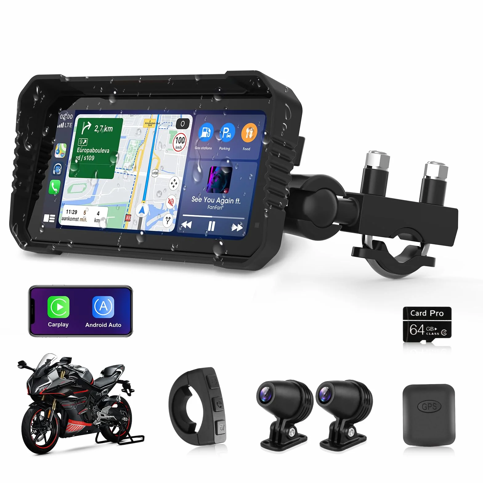 Navigatore Moto con CarPlay Android Auto 4K 6,25 Pollici WiFi GPS 64GB