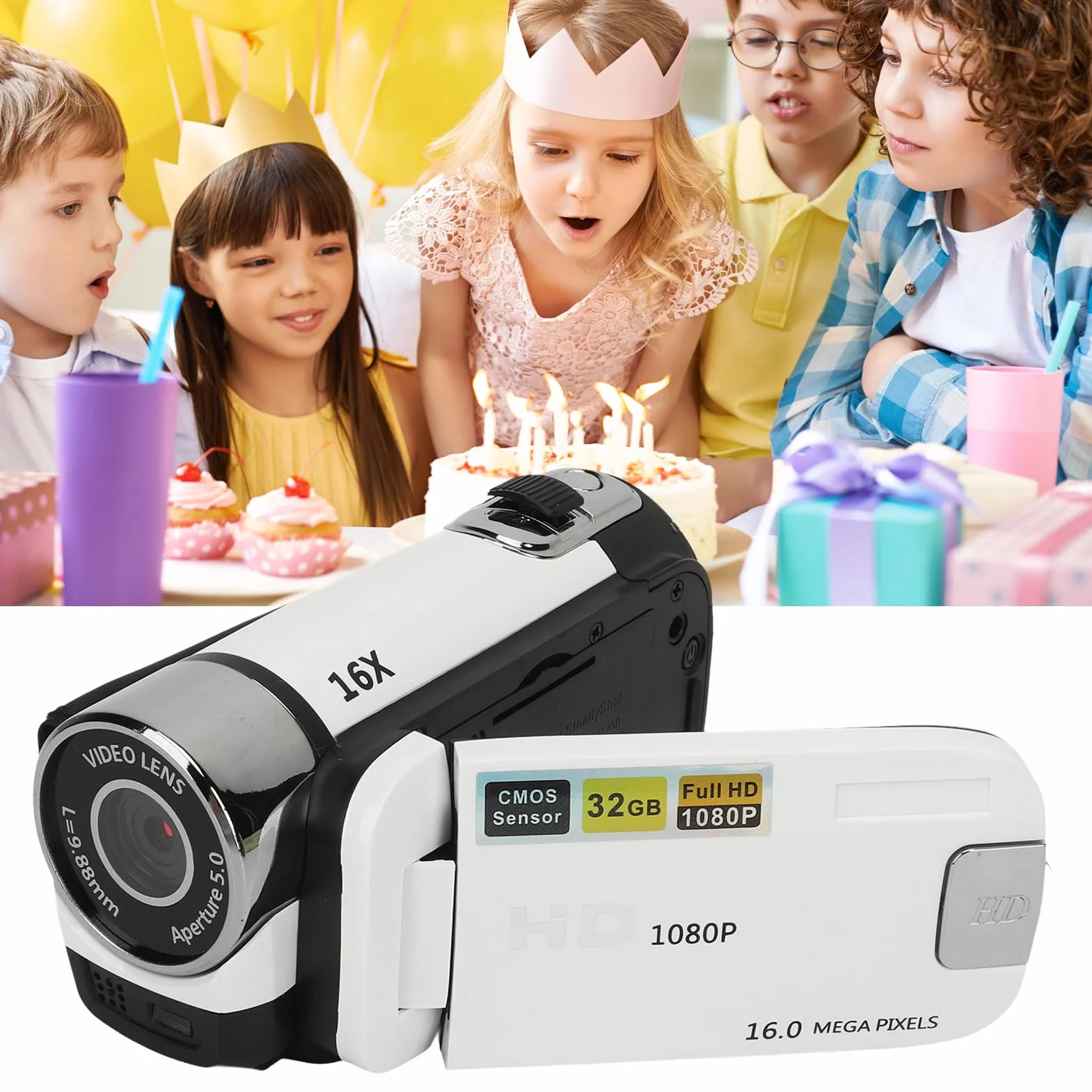 lyrlody Fotocamera Digitale da 16 MP, Registrazione Video 1080p, Display Rotante da 2,4 Pollici, Zoom Digitale 16x e Luce di Riempimento, per Viaggi, Matrimoni, Film per Bambini (WHITE)