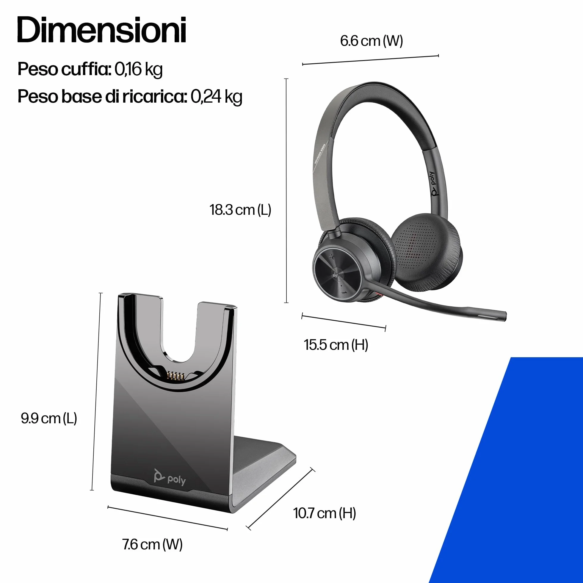 Poly Voyager 4320 UC, Cuffia Senza Filo, Connessione Bluetooth 5.1 e Dongle USB-C BT700, Cuscinetti in Similpelle, Autonomia 24 Ore, Base per Ricarica, Compatibile con Windows 10 e macOS, Nero
