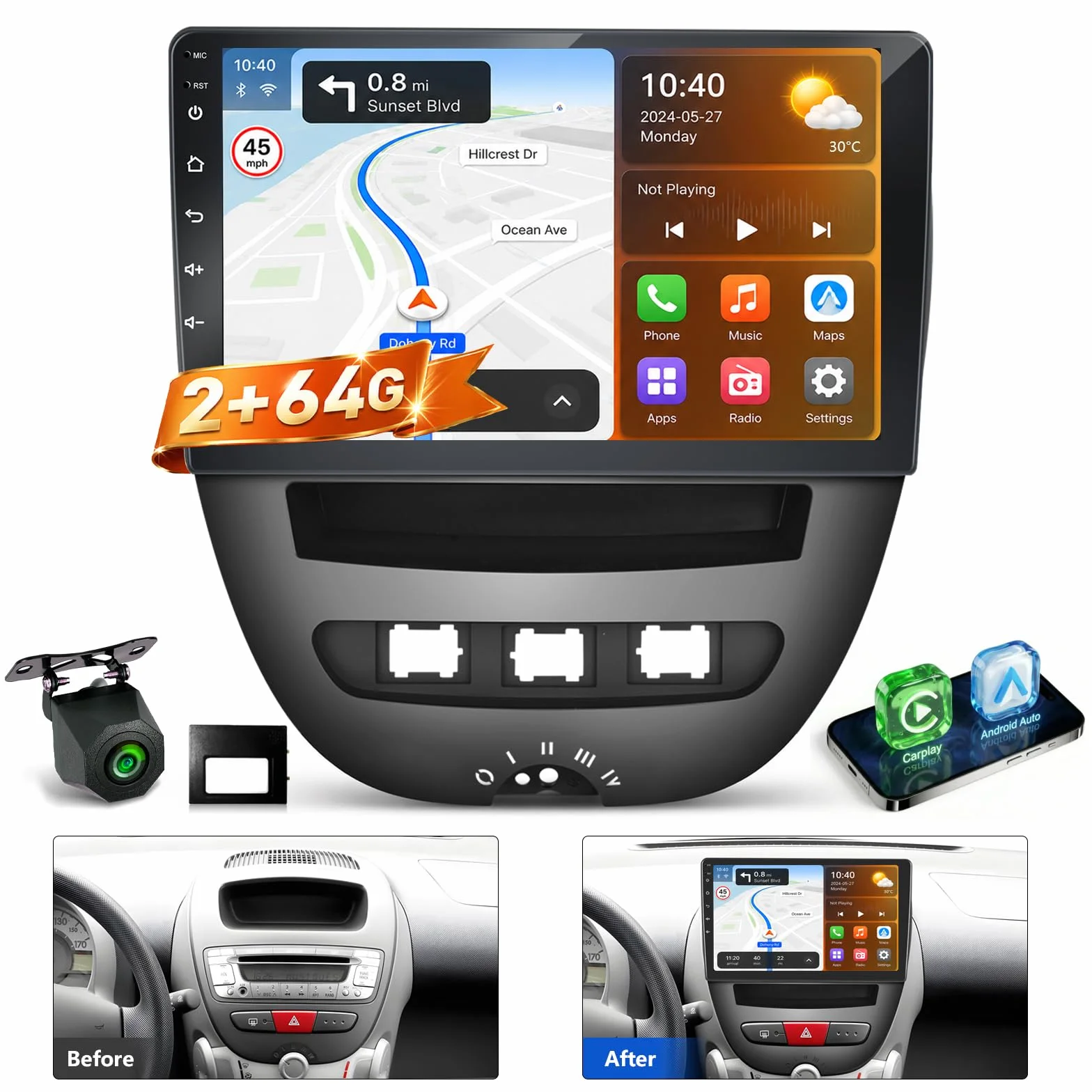 Android Stereo Auto per Toyota Aygo/Peugeot 107/Citroen C1 2005-2014, 2GB+64GB Autoradio 10,1 Pollici con Mascherina e Canbus, Supporta CarPlay Android Auto Wireless, Telecamera Retromarcia, SWC