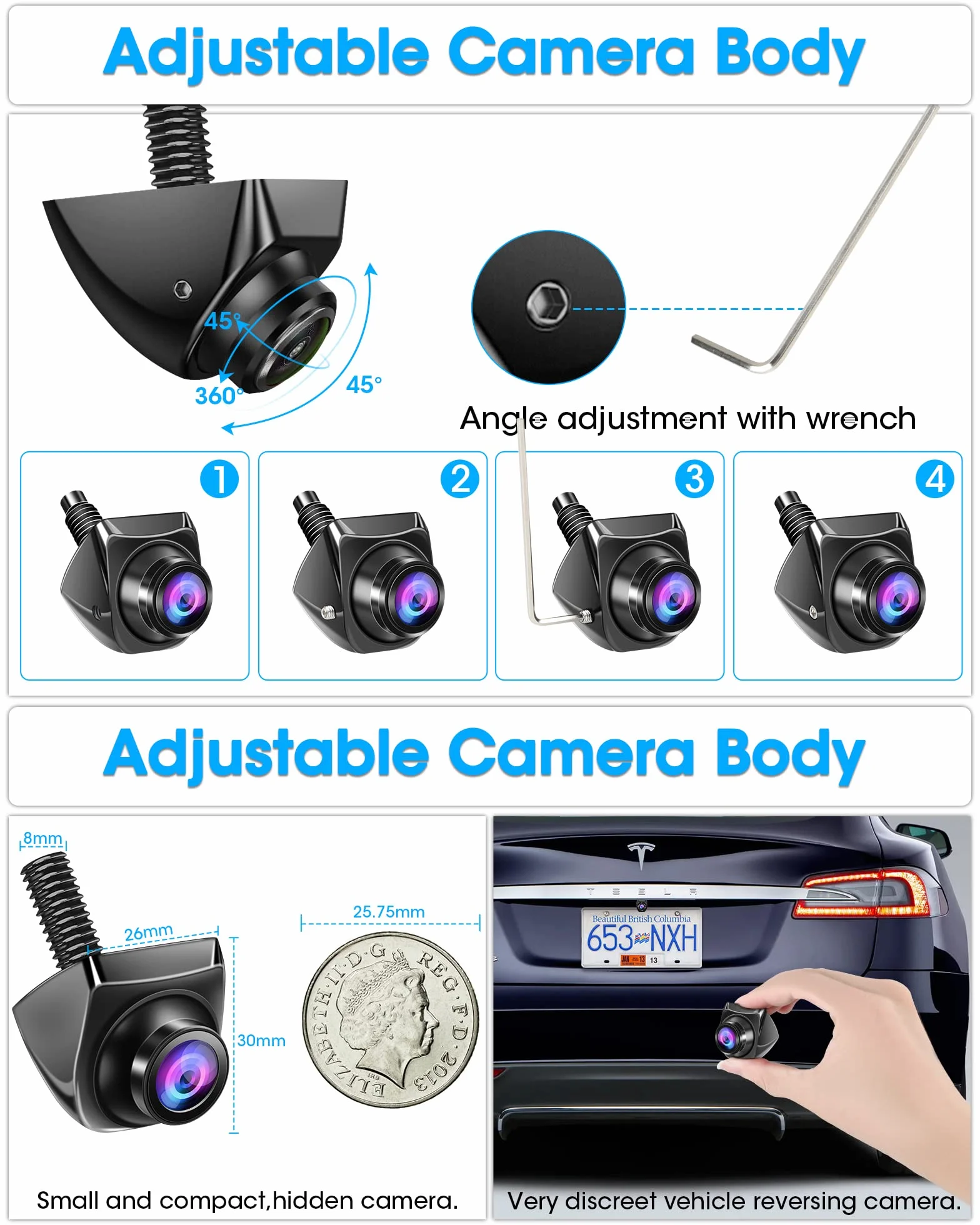 Retrocamera AHD 1080P Telecamera Retromarcia con Rotante 360°+45° Lente Retrocamera Auto 170° Grandangolo Universale NTSC Telecamera Posteriore Auto IP69 Impermeabile Telecamera per Auto [25fps]