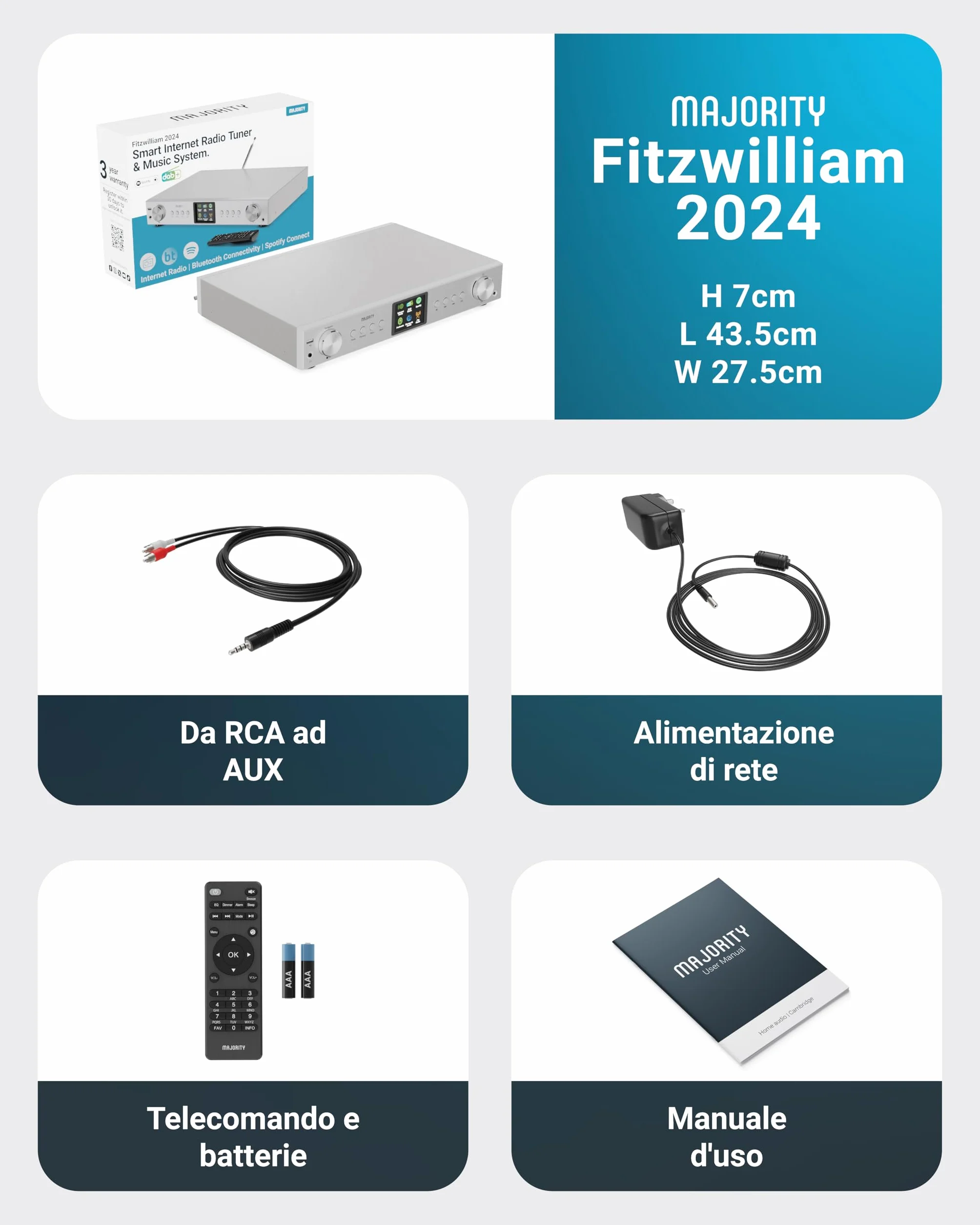 Majority Fitzwilliam Radio Internet Wifi Spotify Connect Bluetooth DAB FM Sintonizzatore HiFi Telecomando USB AUX