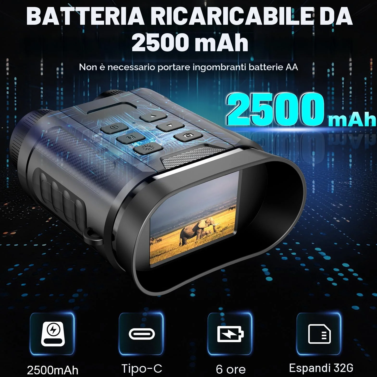 4K Binocolo Visione Notturna, con Batteria Ricaricabile da 2500mAh Visione Notturna 8X Digitale Zoom 7-Livelli Infrarossi 2.4" TFT LCD Vista 300M Visore Notturno Binocolo Con Scheda 32GB