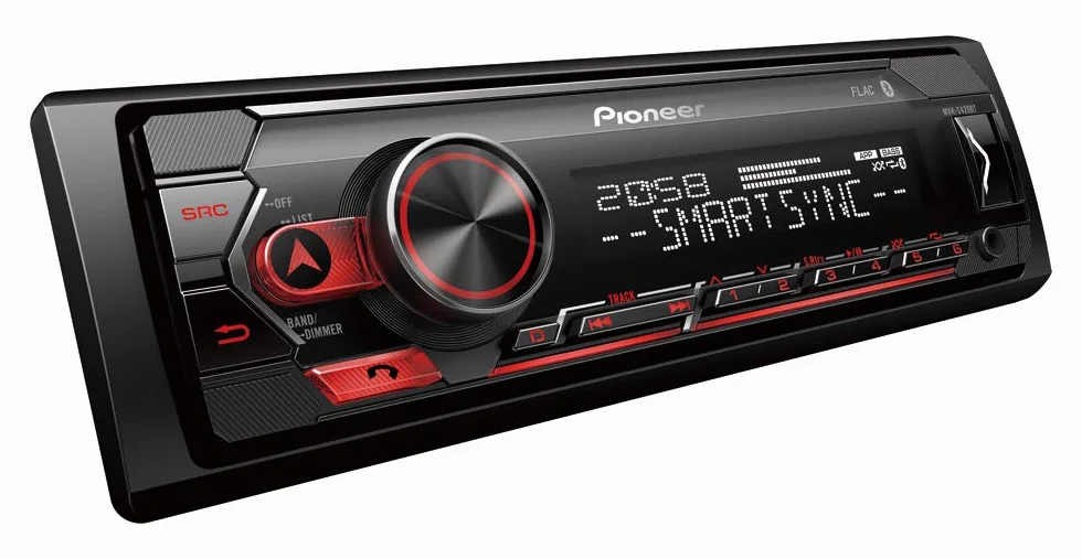 Pioneer MVH-S420BT, 1DIN Autoradio, rossa, navigazione del menù in tedesco, Bluetooth, USB, entrata AUX, controllo diretto da iPod/iPhone, vivavoce, Smart Sync