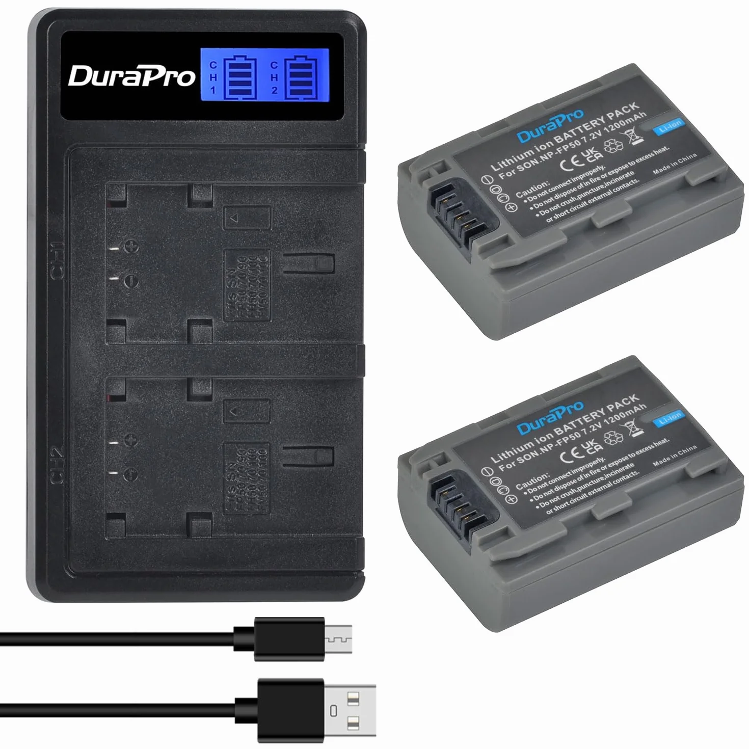 DuraPro 2 batterie NP-FP50 + caricatore LCD Dual USB per Sony NP-FP50 NP-FP30 DCR-DVD203E, DCR-DVD205, DCR-DVD205E, DCR-DVD304E, DCR-DVD305, DCR-DVD305E, DCR-DVD403, DCR-HC96 DCR-SR30 DCR-SR40