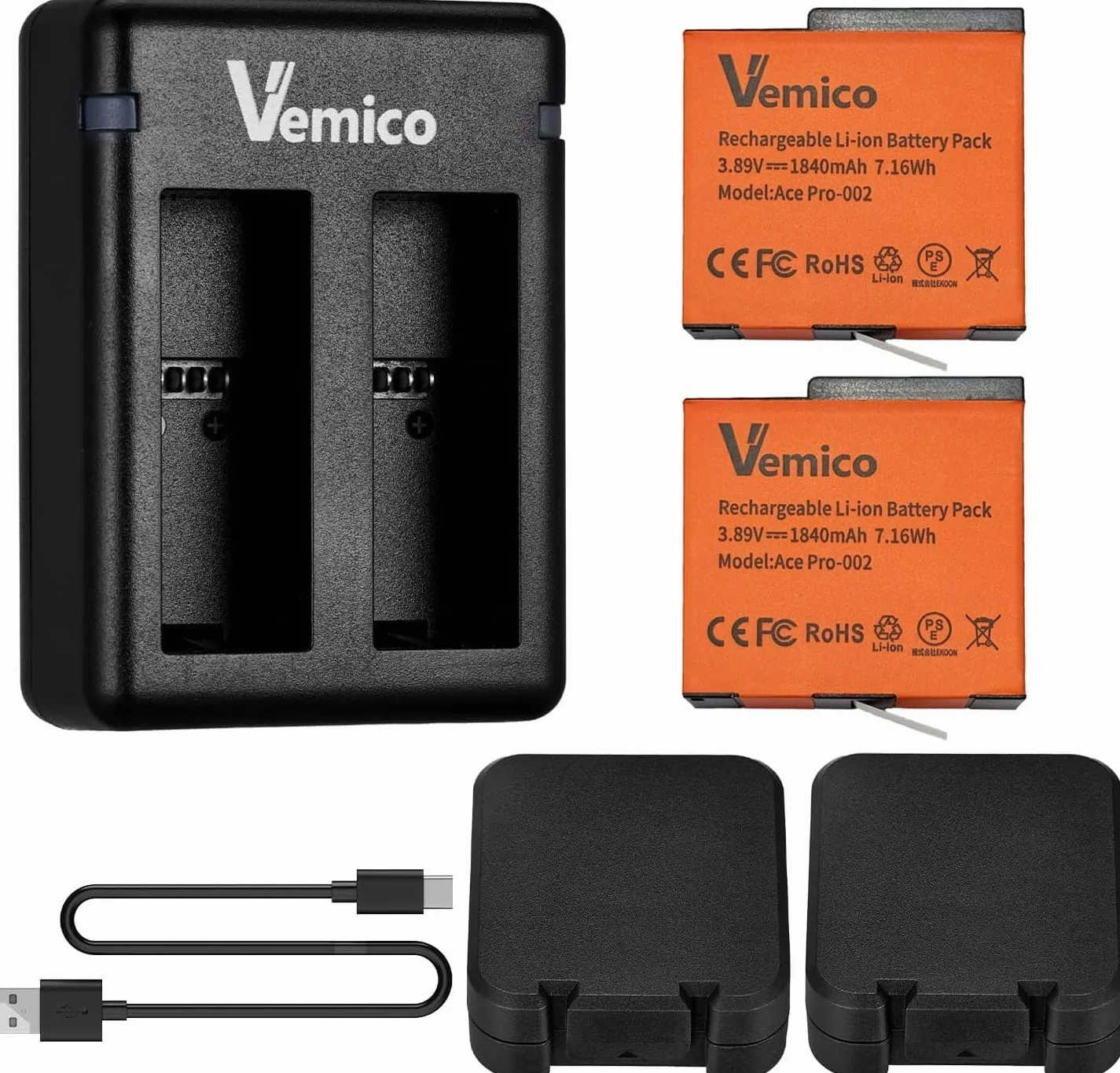 Vemico 360 Ace Pro 2 batterie di ricambio 2 x 1840 mAh Dual Tipo-C Canale caricatore LED con interfaccia di ricarica micro USB per fotocamera / 360 Ace Pro 2/360 Ace / 360 Ace Pro