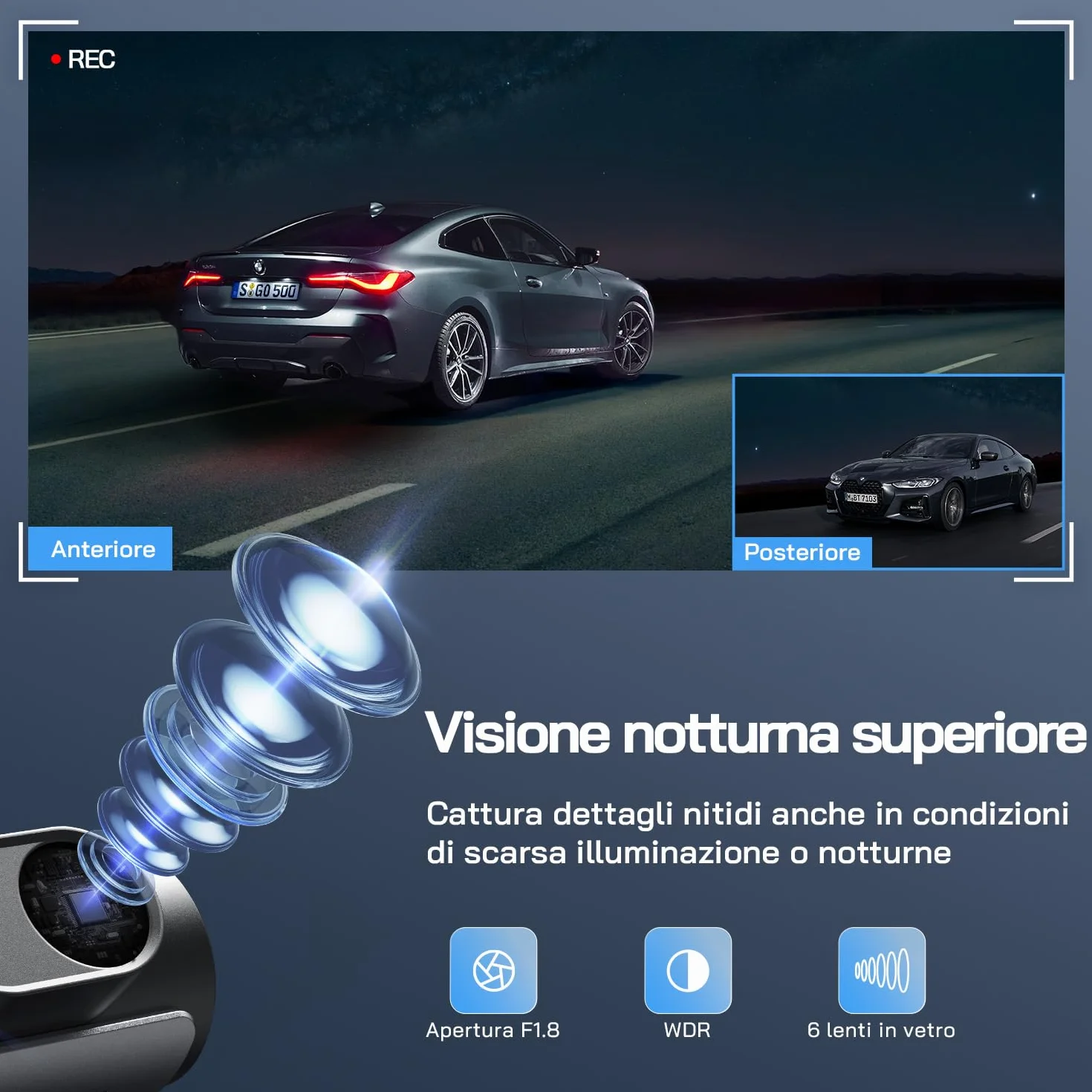 WOLFANG Dash Cam Auto 4K, Doppia WiFi Dashcam per Auto con Scheda SD 32G, Telecamera Auto 170° Grandangolo, Visione Notturna,G-Sensor, WDR, Monitor di Parcheggio, Registrazione in Loop