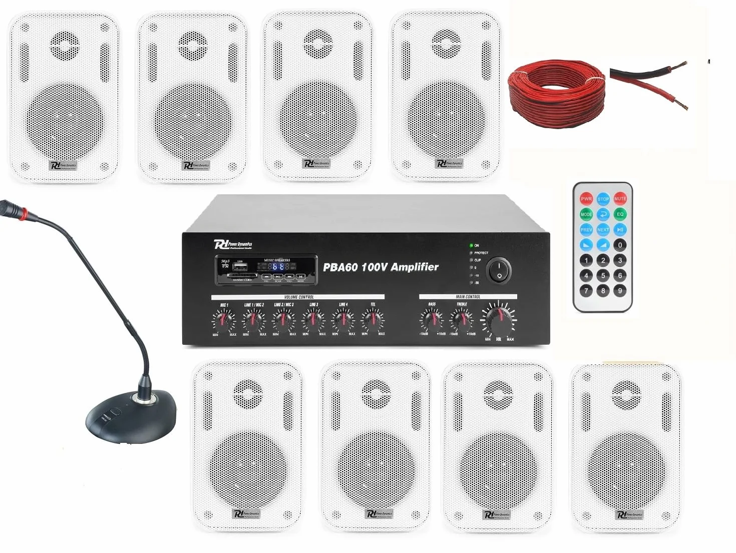 Impianto Audio Filodiffusione 8 Altoparlanti Parete Bluetooth 100Mt Cavo Microfono Casse Bianche