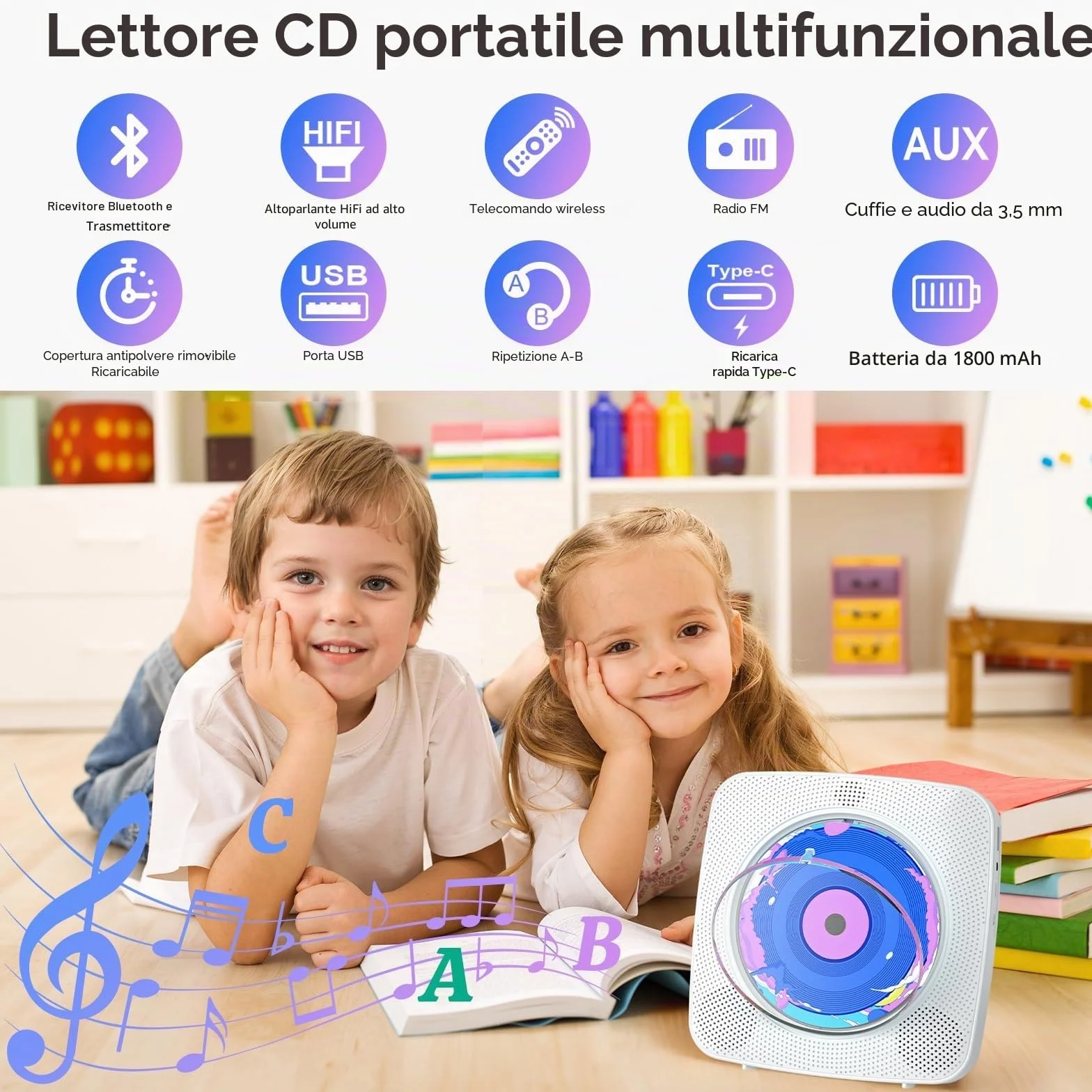 Lettore CD Portatile Bluetooth Kegaudio con Altoparlante USB/AUX Presa per Cuffie Bianco