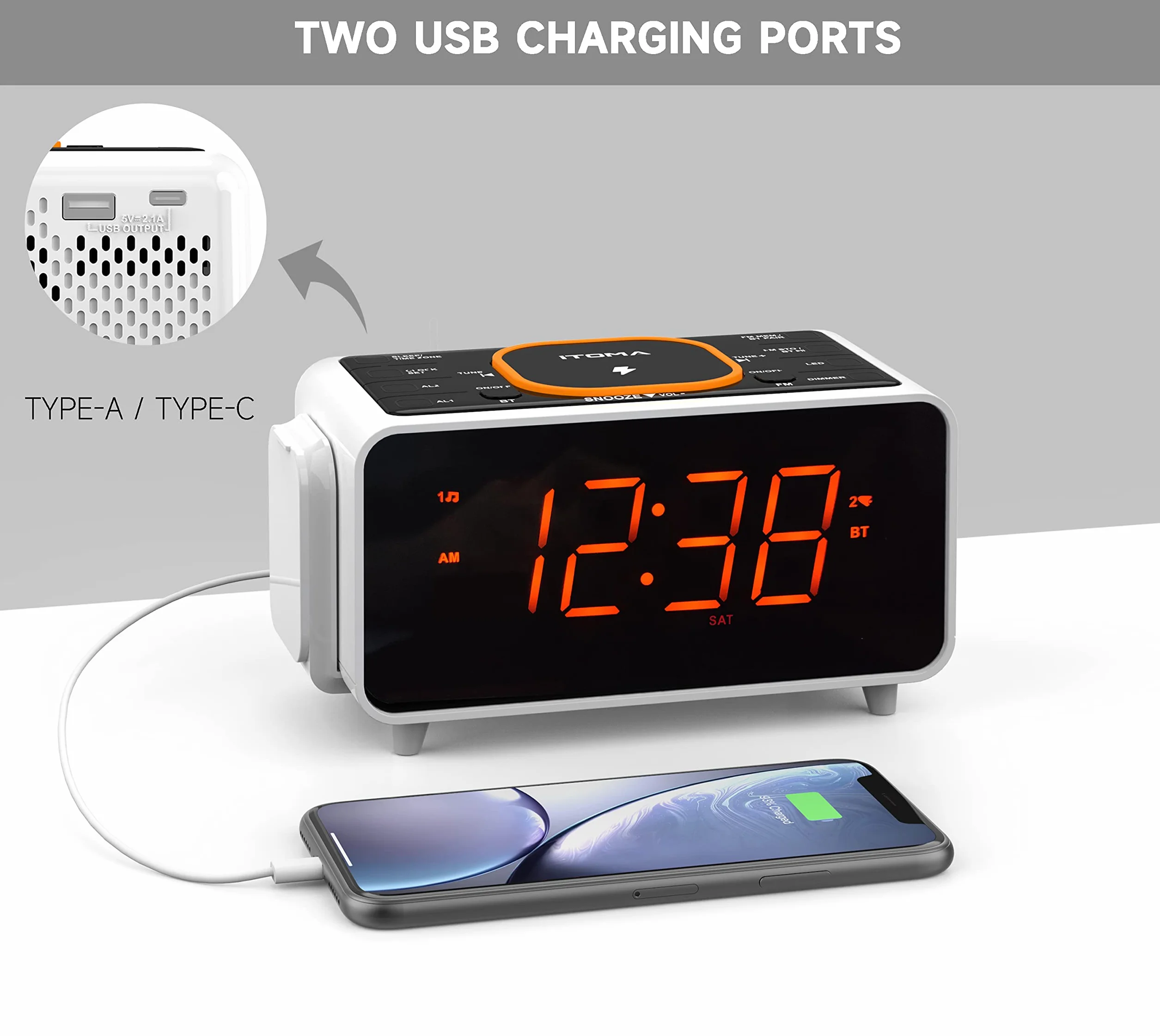 iTOMA CKS209 Radiosveglia Bluetooth 15W Caricabatterie Wireless USB Snooze Display 1,4" LED