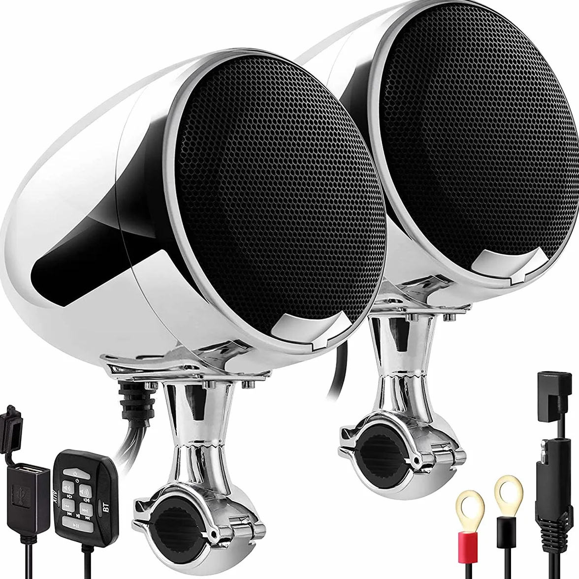 600W Amplificatore integrato 4.5" Bluetooth impermeabile Altoparlanti stereo per moto Sistema radio audio per moto con USB AUX MP3, adatto per l'installazione sul manubrio da 1 a 1.25" (Chrome)