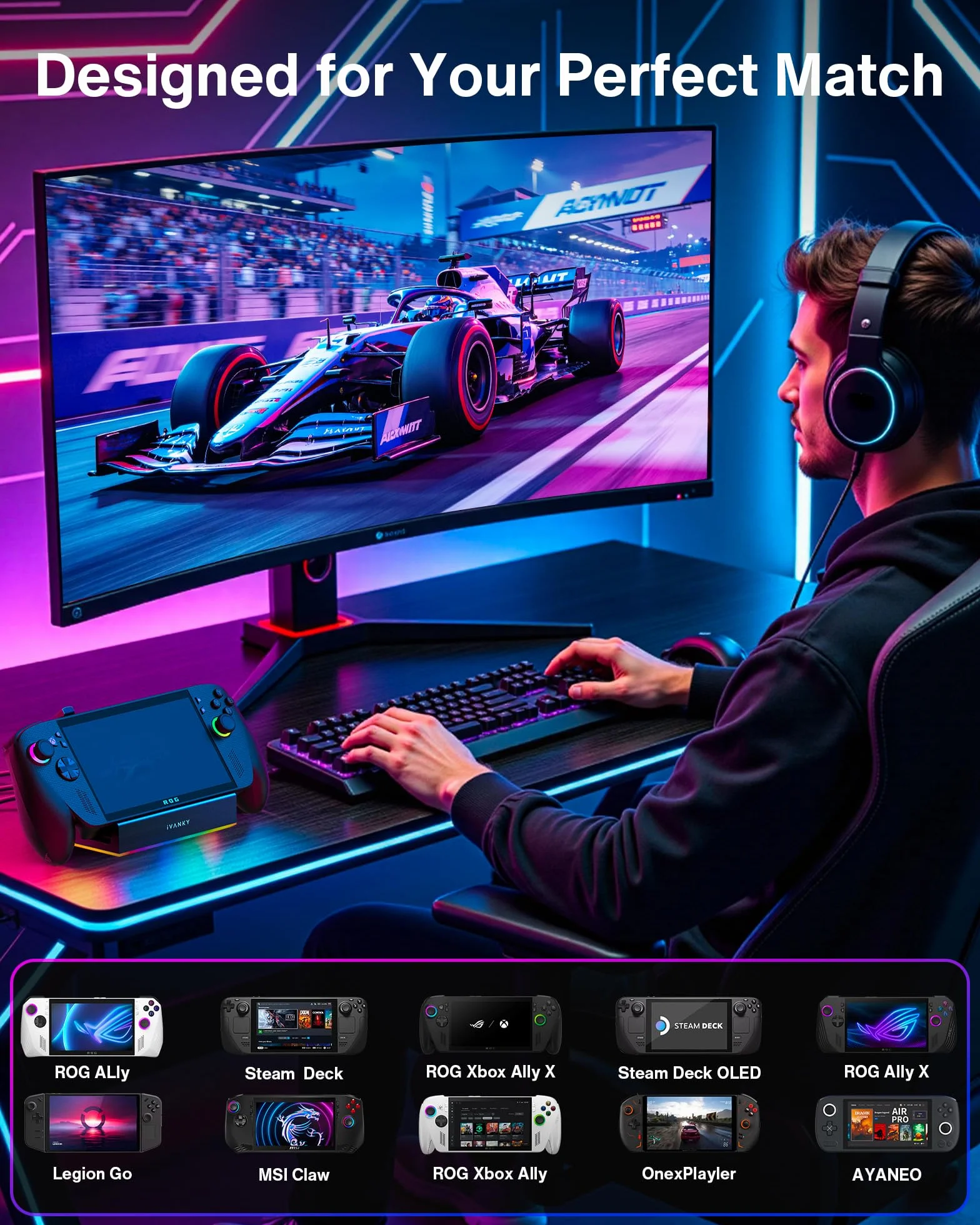 iVANKY 14-in-1 RGB Pieghevole 4K@120Hz ROG Ally X Dock con HDMI 2.1, USB 3.2 10Gbps, Carica USB-C da 100W, Ethernet da 1Gbps, slot SD/TF, Docking Station per Lenovo Legion go/Valve Steam Deck OLED