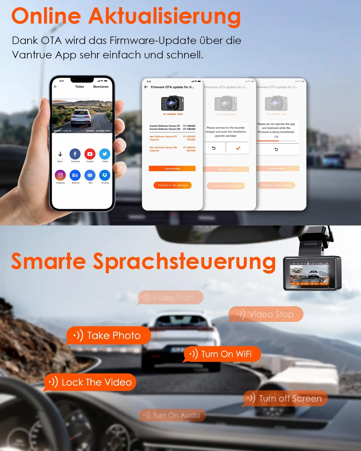 VANTRUE E2 2.7K+2.7K Dash Cam, 5GHz WiFi GPS Doppia 1944P Telecamera Per Auto, Dashcam Controllo senza Fili e Vocale, 24h. Modalità di Parcheggio Tampone, Visione Notturna WDR 2,45" 160 Gradi Max 512G
