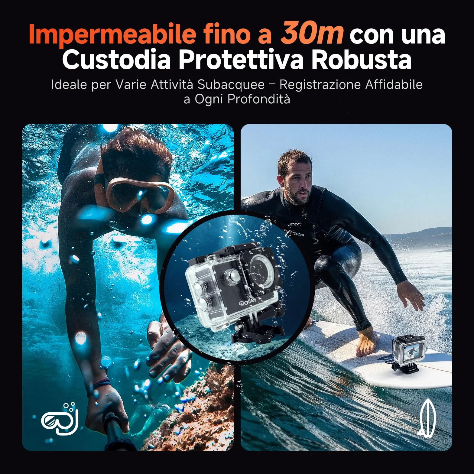 Rollei Actioncam 372 - Action-Camcorder con risoluzione video Full HD da 1080p/30 fps, Obiettivo grandangolare, impermeabile fino a 30 m, incl. custodia subacquea - Nero
