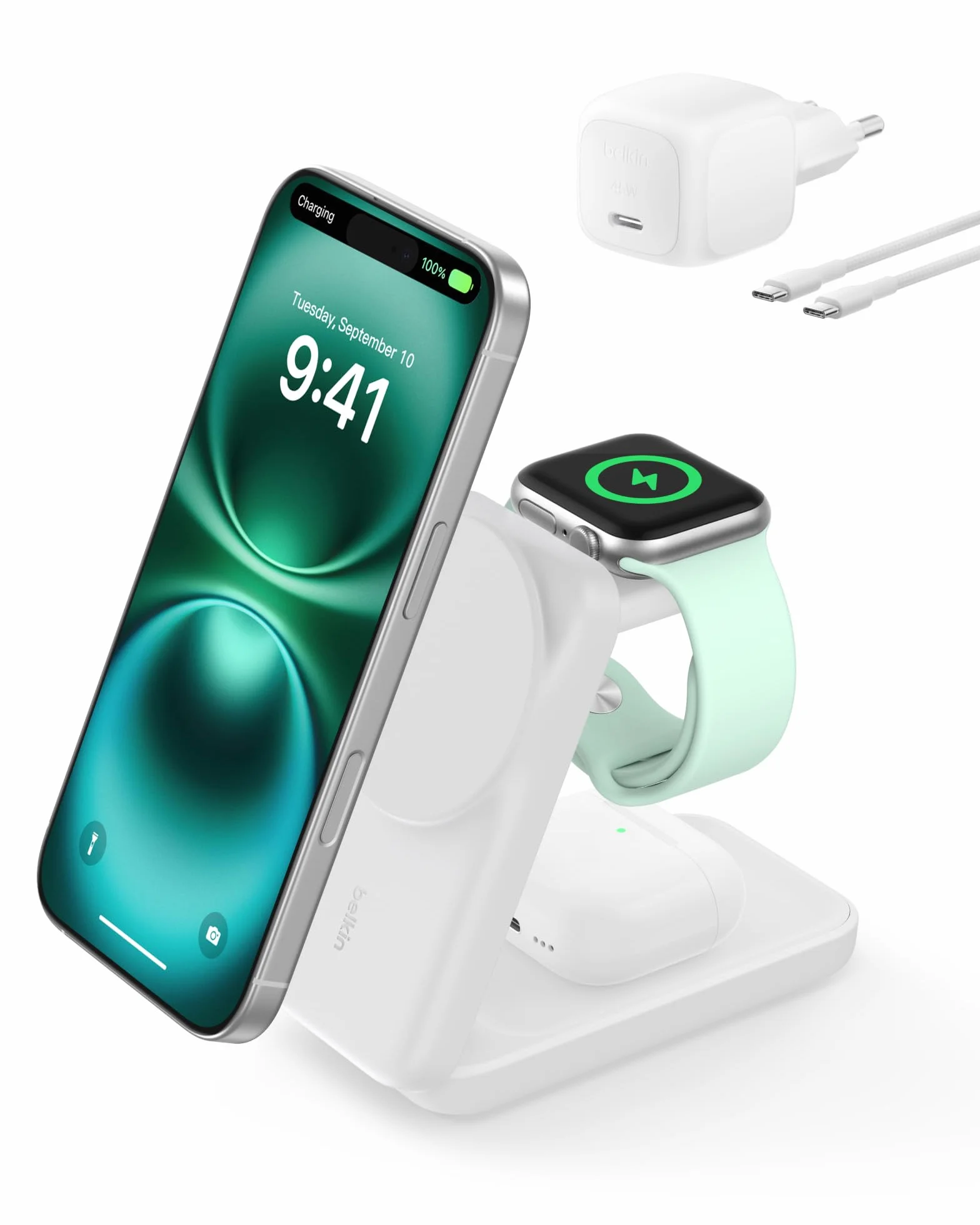 Belkin UltraCharge Caricatore Wireless Magnetico Qi2, Stazione di Ricarica 3 in 1 25W, Caricatore Compatibile con MagSafe per iPhone 16, Apple Watch, AirPods, Pixelsnap con Adattatore 45W, Bianco