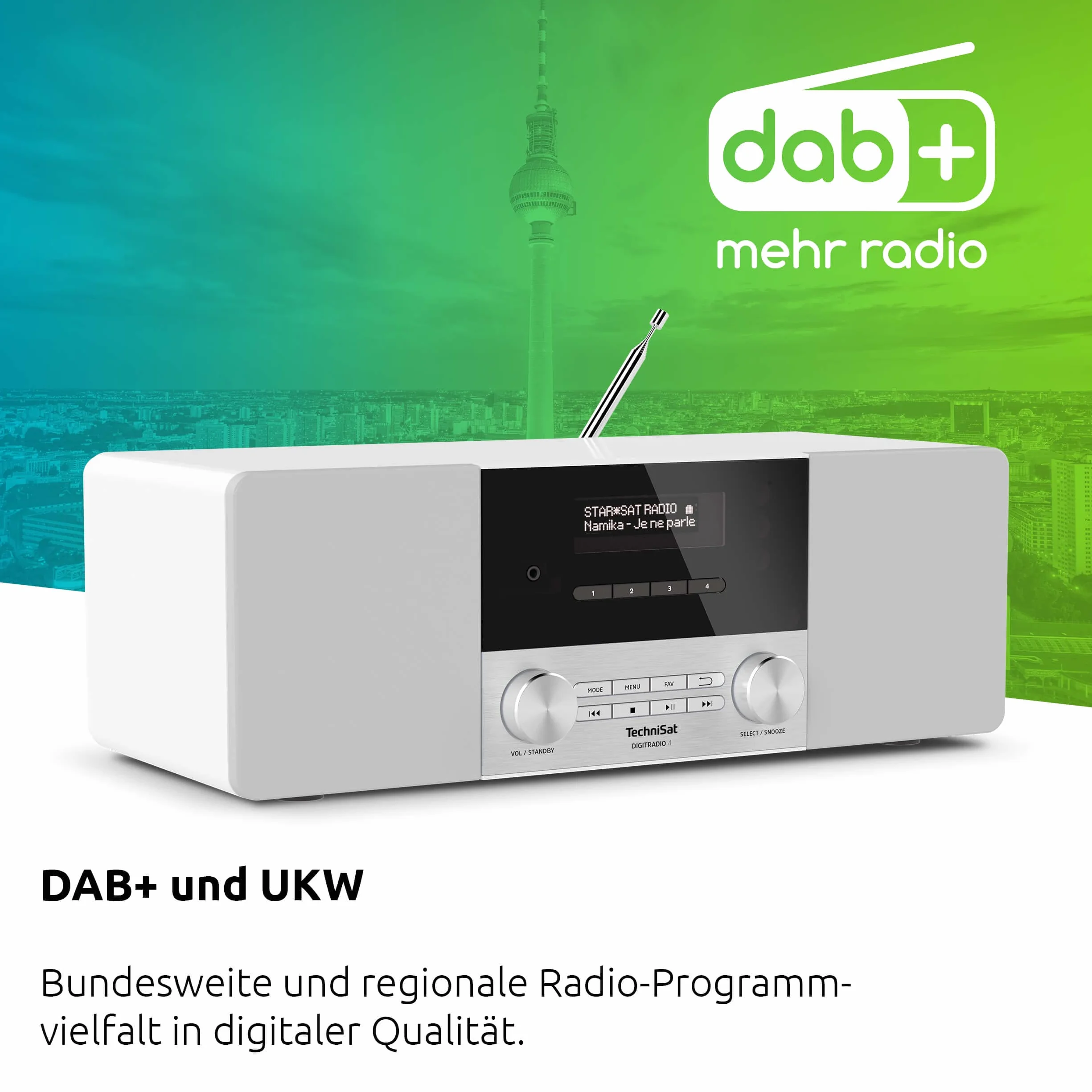 TechniSat DIGITRADIO 4 - Radio DAB stereo (DAB+, FM, streaming audio Bluetooth (ricezione), presa per cuffie, ingresso AUX, radiosveglia, display OLED, 20 watt RMS, altoparlante Elac) bianco