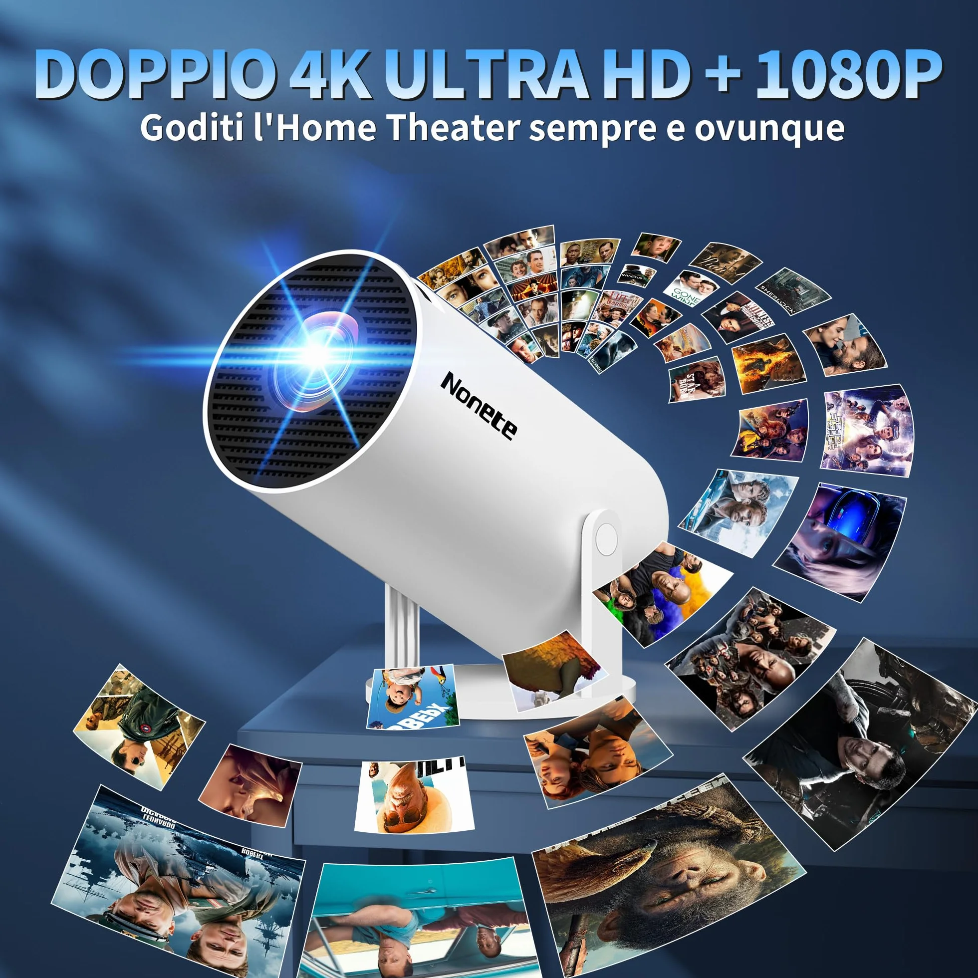Proiettore 1080P FHD WiFi 6 BT 5.2 Portatile 4K Auto Keystone 270° Rotativo Bianco