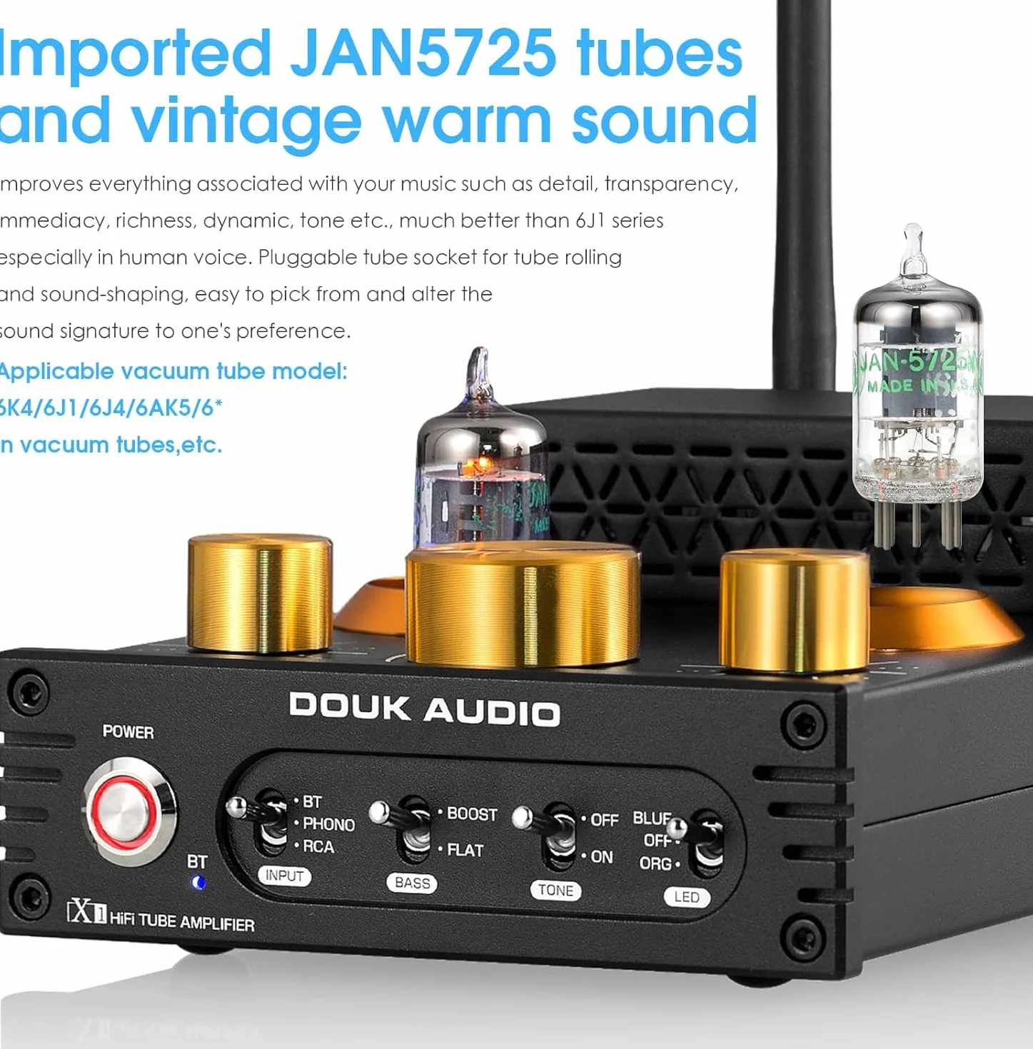 Douk Audio X1 amplificatore a valvole, amplificatore HiFi Bluetooth 5.0, amplificatore audio stereo a valvole GE5654, amplificatore phono MM, 160Wx2 chip TDA7498E, manopola di controllo acuti e bassi