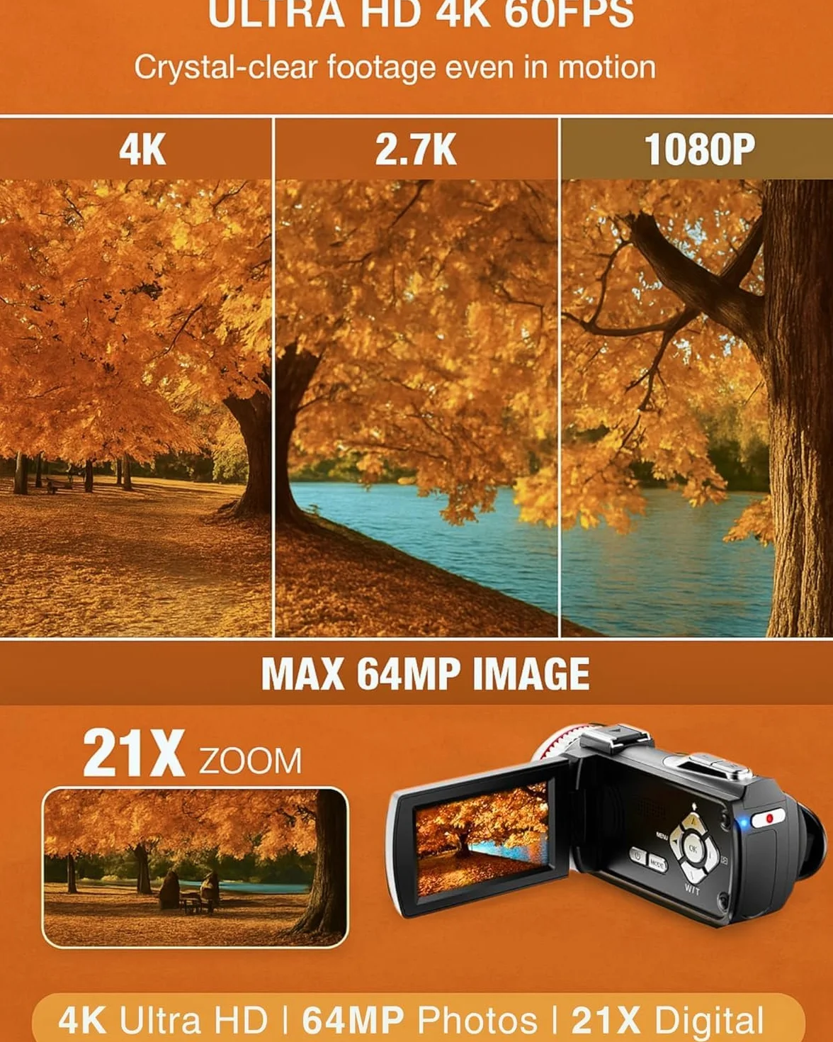 Videocamera 4K 48MP Camcorder con Zoom Digitale 21X, Video Camera con Microfono Esterno, Cavo HDMI, Telecomando, 2 Batterie, Scheda TF da 32 GB, Schermo da 3,0" 270° per Vlogging Camera per YouTube