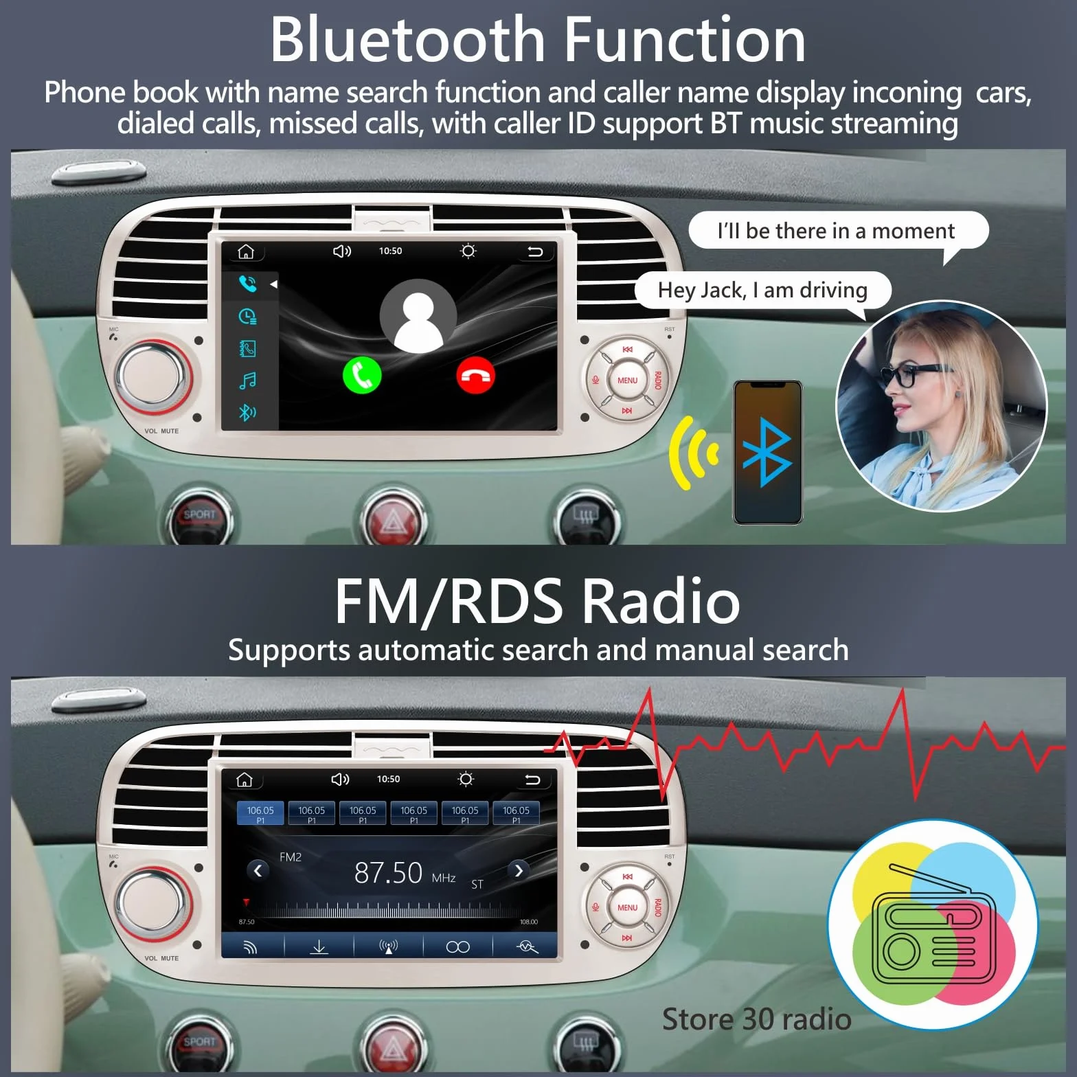 [Prestazioni Elevate] KTTCORLP Linux Autoradio per Fiat 500 2007-2015 Carplay Android Auto Bluetooth 5.0, Autoradio Fiat 500 da 7 pollici con touchscreen/FM/AM/USB/DPS/RDS/Mirror Link-bianco