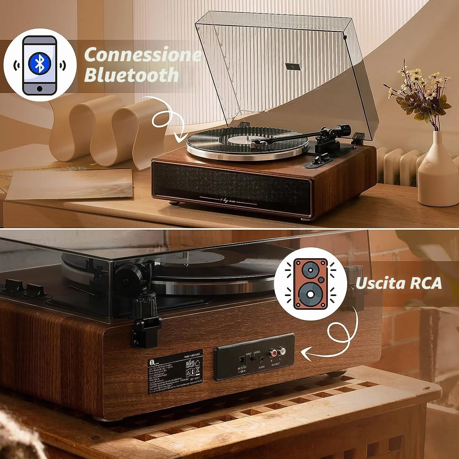 1 BY ONE Giradischi Vinili a Cinghia Hi-Fi con Altoparlanti Incorporati, Cartuccia Magnetica, Bluetooth, Aux-In, Auto-Off