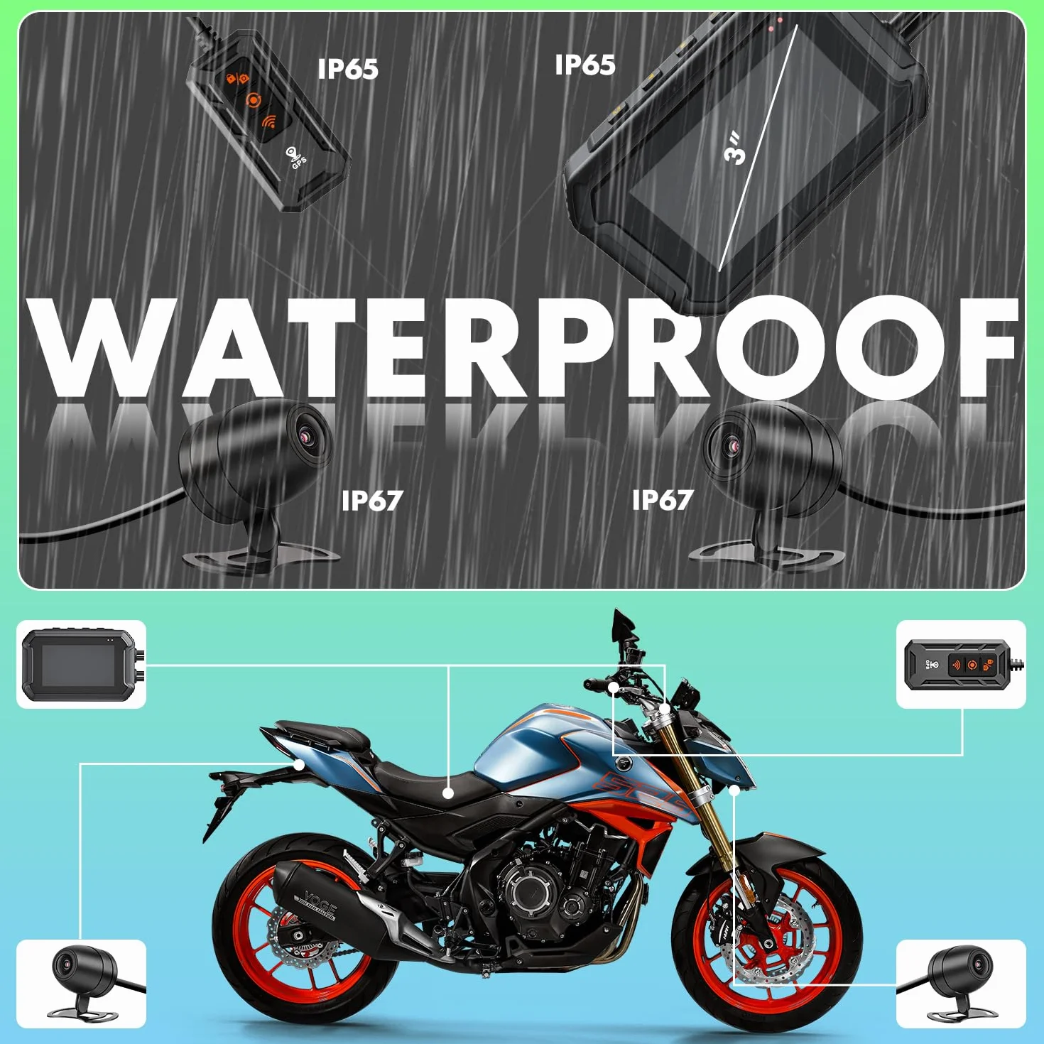Dash Cam Moto, 1080P WDR Telecamera Anteriore e Posteriore, Dashcam Impermeabile con WiFi, GPS, Modalità Parcheggio, Telecomando Cablato, Schermo da 3", Scheda TF da 64 GB