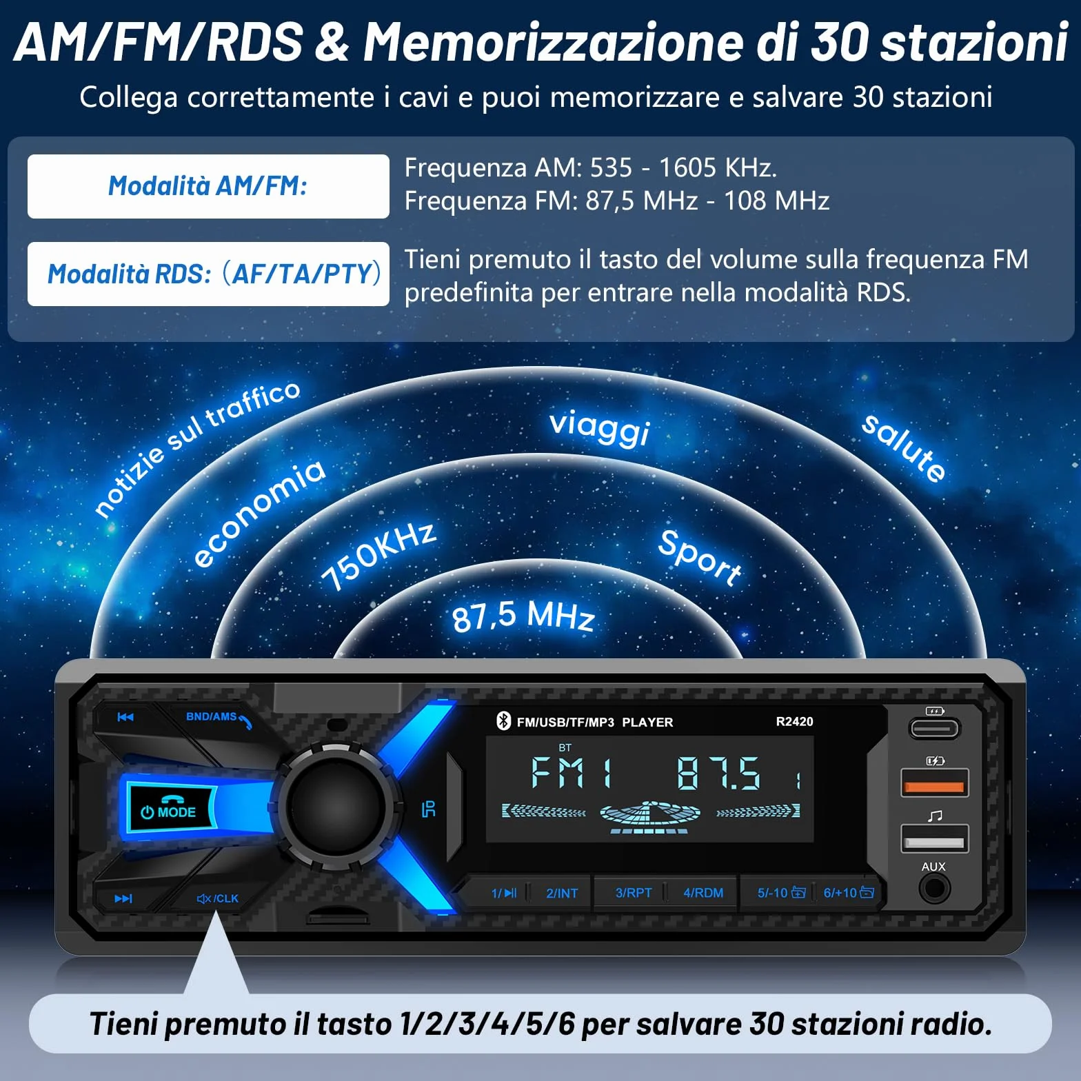 RDS Autoradio Bluetooth 1DIN z Portem USB-C FM/AM MP3 Stereo