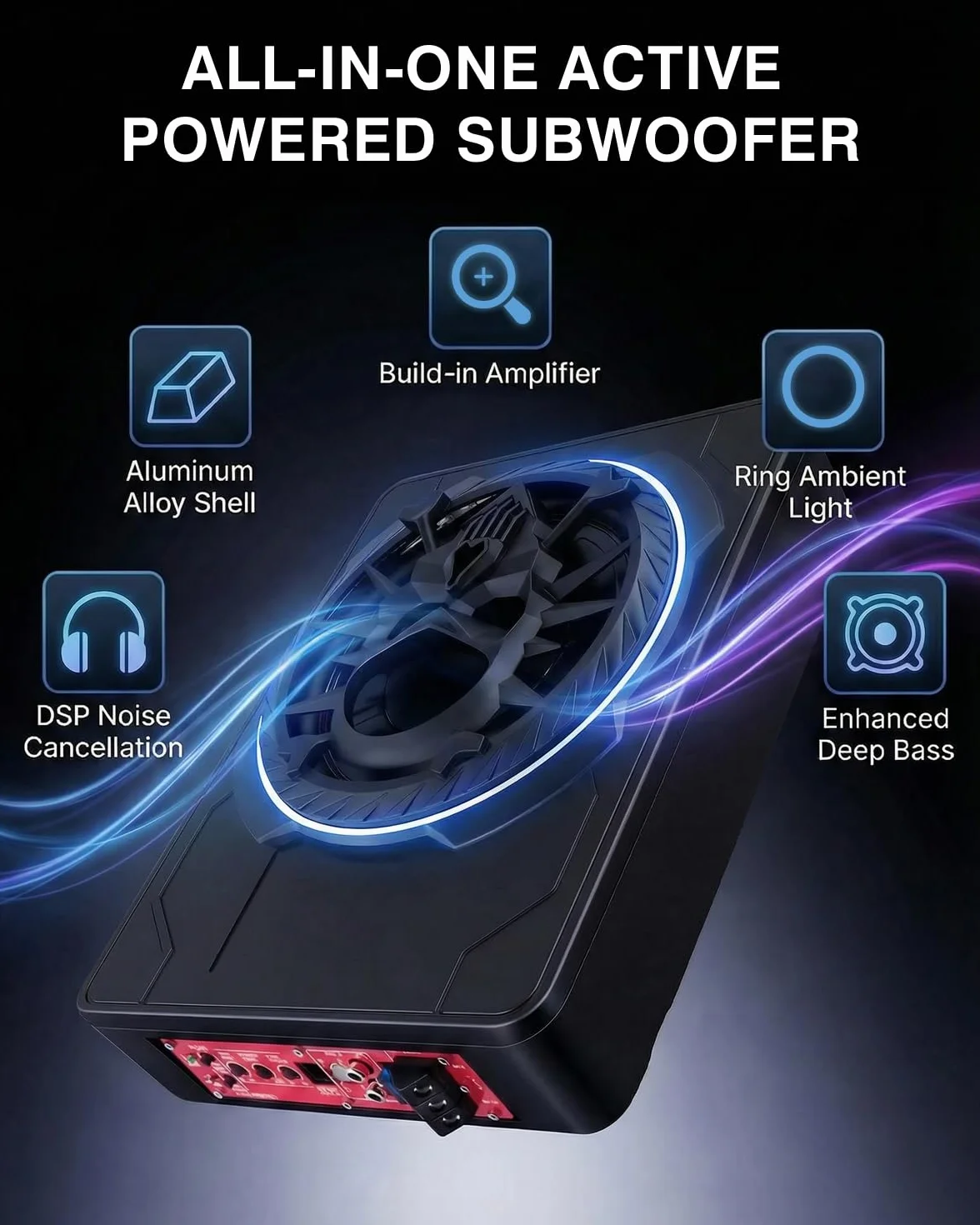 Subwoofer attivo per auto, montabile sotto i sedili, potenza massima 1200W, 10", modulo amplificatore integrato, design compatto ed elegante, illuminazione ambientale RGB controllata tramite APP