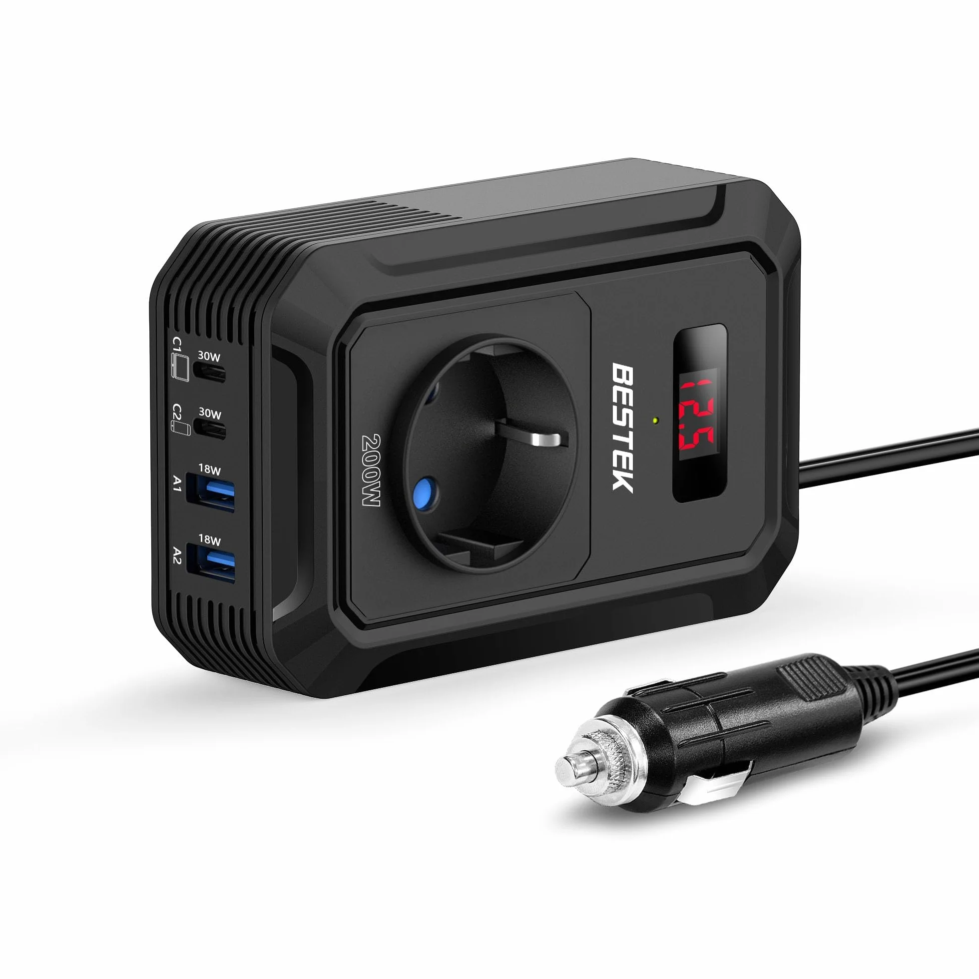 BESTEK 200W Inverter 12v 220v 230V 240V Onda Pura,Inverter Auto con Prese AC 2 USB-C (2*PD 30 W) 2 USB-QC (18 W),Convertitore Potenza per Camper/Barca a Onda Sinusoidale Modificata（Nera）