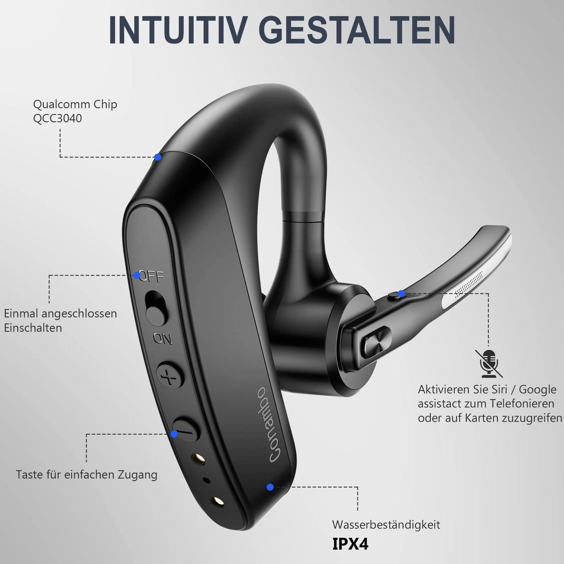 Conambo Auricolare Bluetooth senza fili V5.２, K10C Auricolare Bluetooth monofonico con cancellazione del rumore CVC 8.0 e ENC per la guida e il lavoro, 16 ore di conversazione