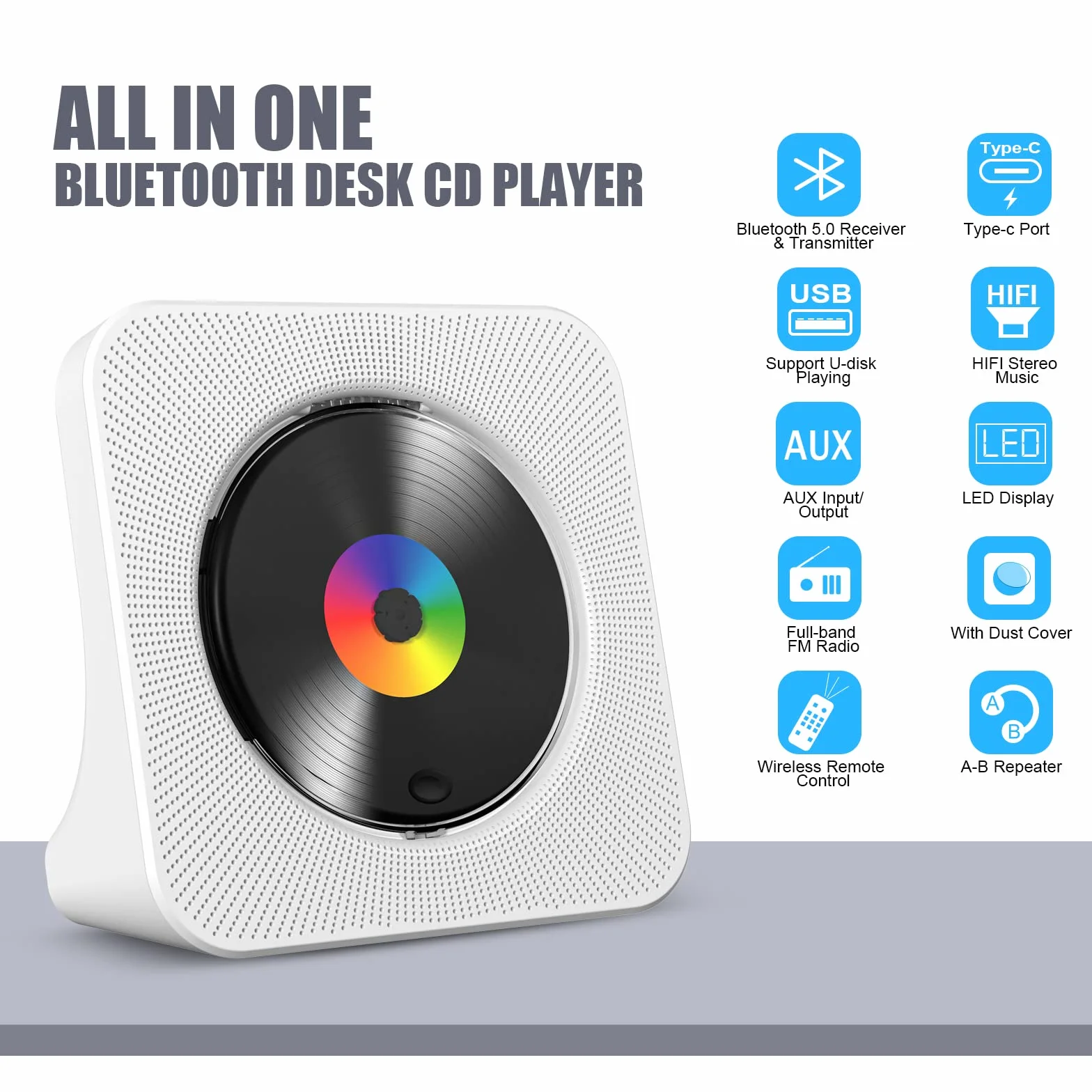 Lettore CD Desktop Bluetooth Gueray Montabile a Parete Altoparlanti HiFi Display LED Radio FM USB MP3 Tipo C (Bianco)