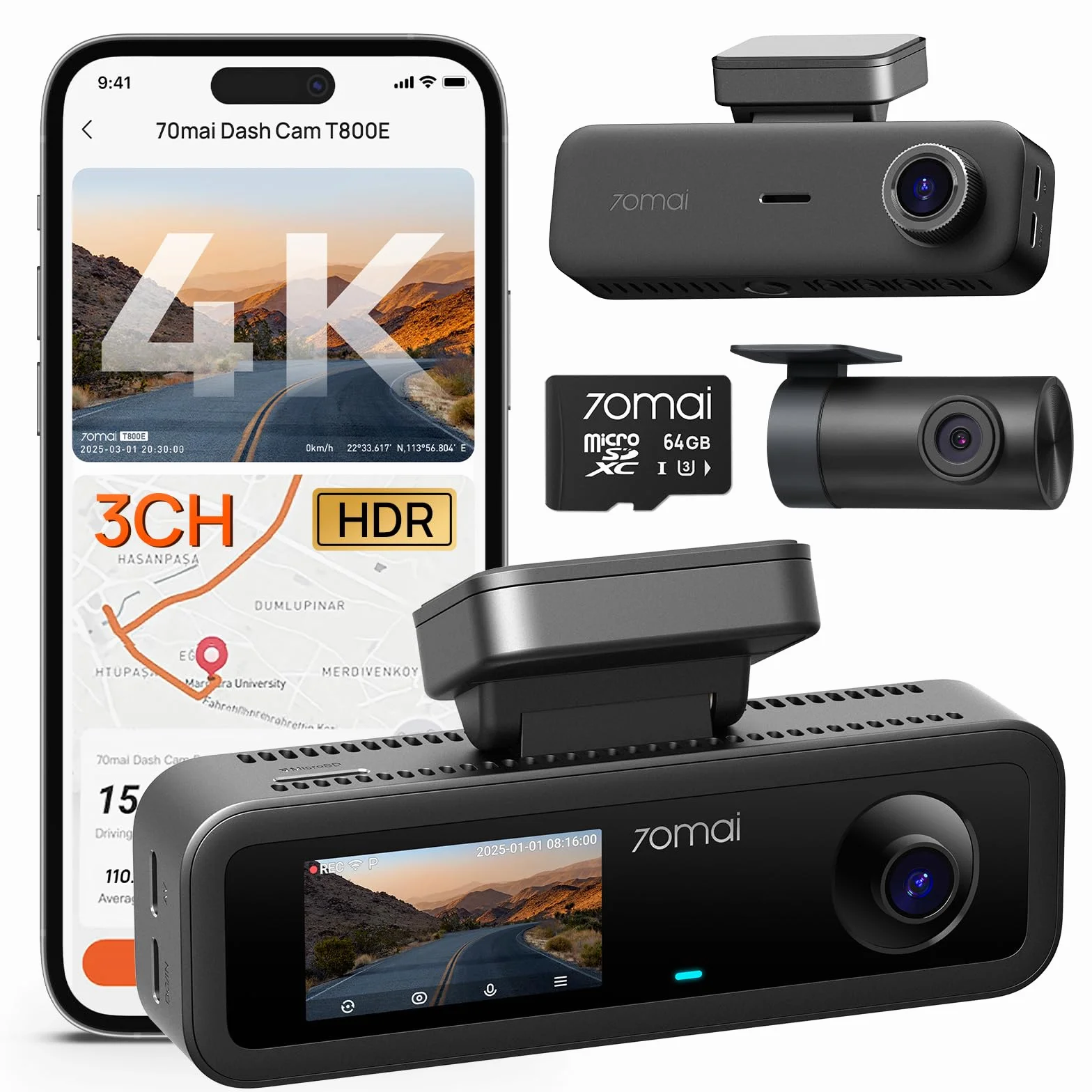 70mai T800E Dash Cam 4K 3 Canali Tripla Telecamera Anteriore e Posteriore 4K+1080P+1080P HDR Visione Notturna IR GPS Supercondensatore 64 GB SD