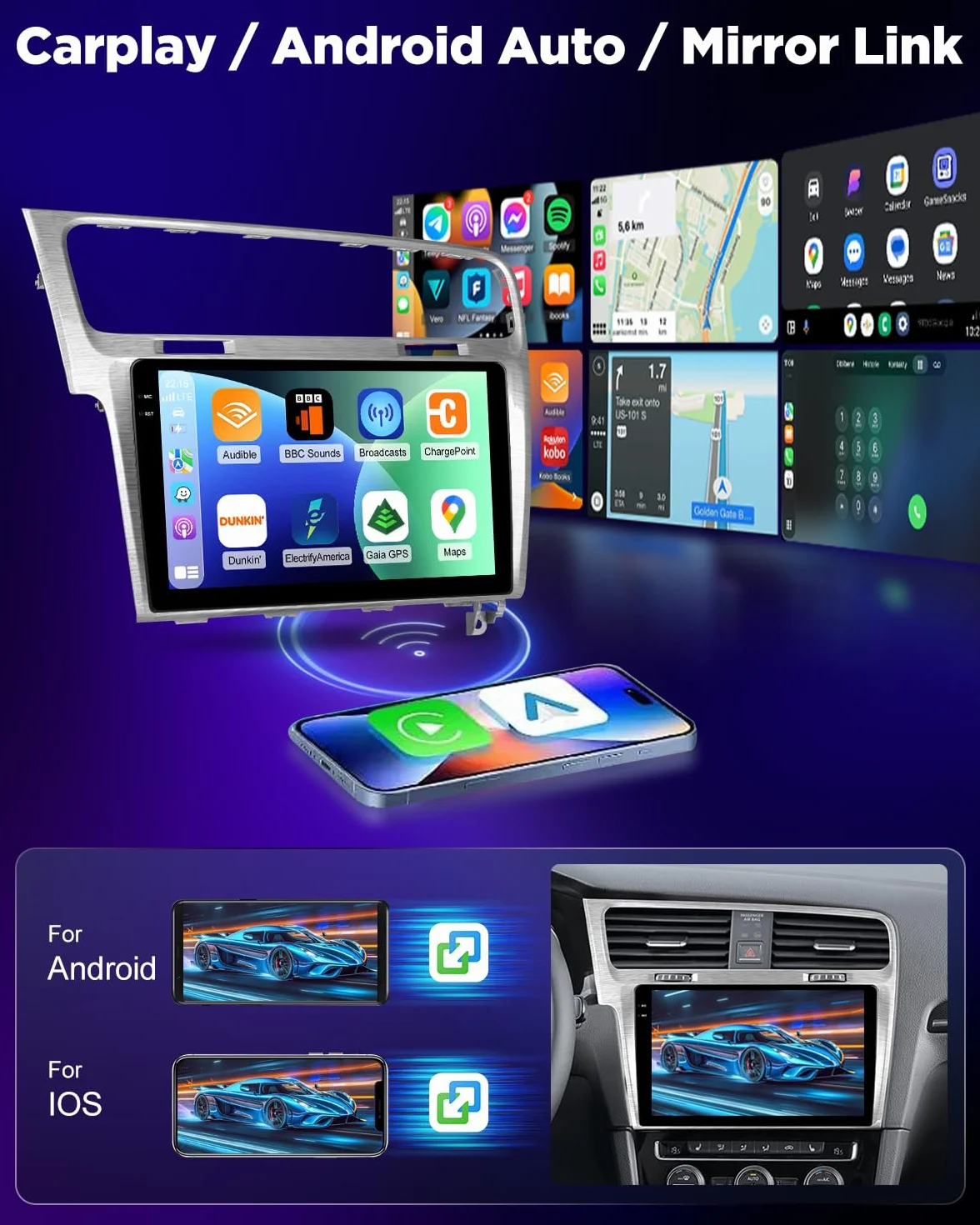 NHOPEEW 4+128G Android Autoradio per VW Golf 7 MK7 2012-2020 con Wireless Carplay Android Auto - Schermo incell da 10 pollici Supporto WiFi GPS Comandi al volante + Telecamera di retromarcia Canbus