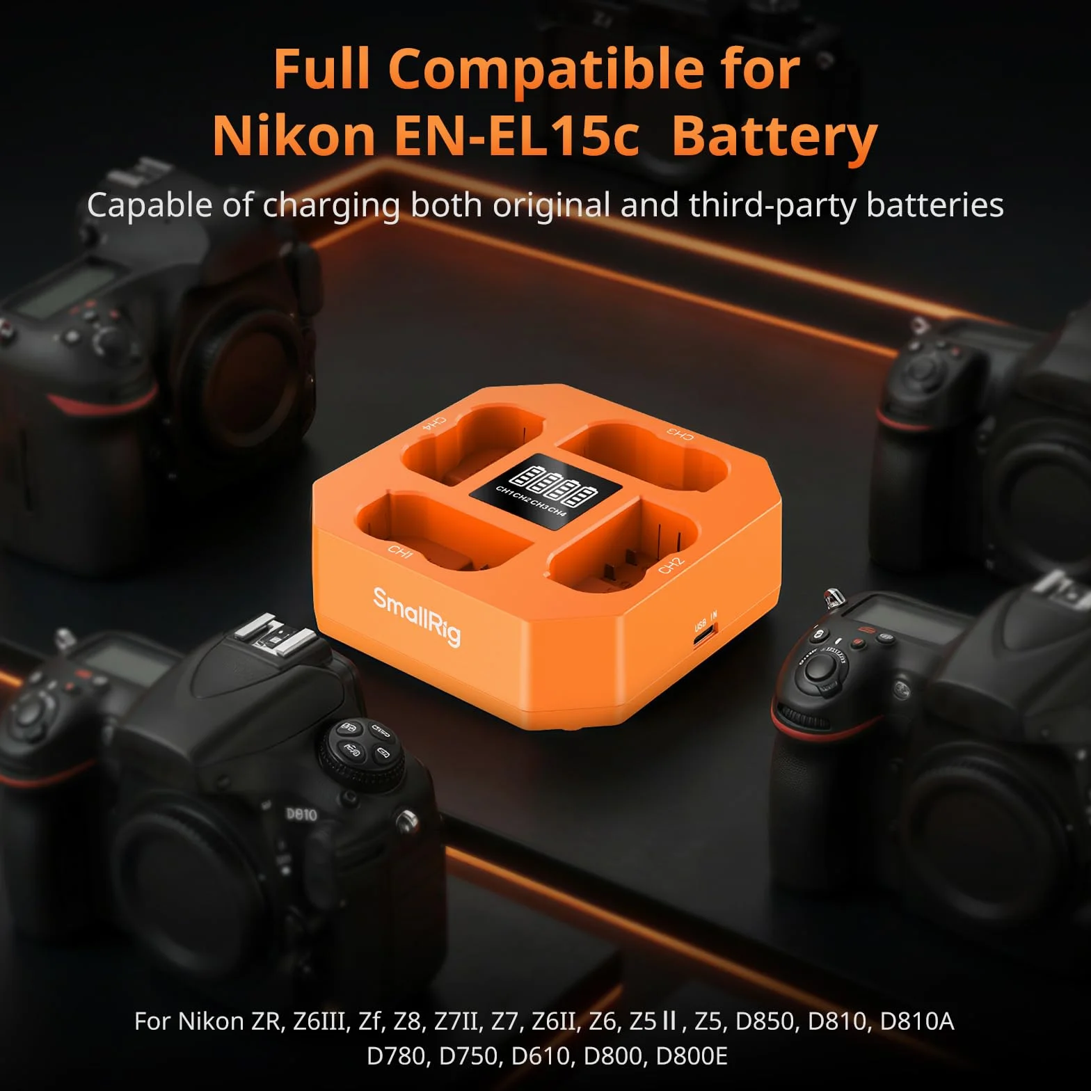 SmallRig EN-EL15c Caricabatteria per fotocamera a 4 canali per Nikon, ricarica rapida 3H PD45W, indicatore LED, compatibile con batterie Nikon ZR Z6III Zf Z8 Z7II Z7 Z6II D850 D810 D780 D750 D500