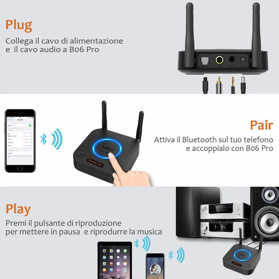 1Mii Ricevitore Bluetooth 5.3 HiFi, Adattatore Audio aptX Bassa Latenza Uscita Ottica Coassiale AUX RCA per Amplificatore