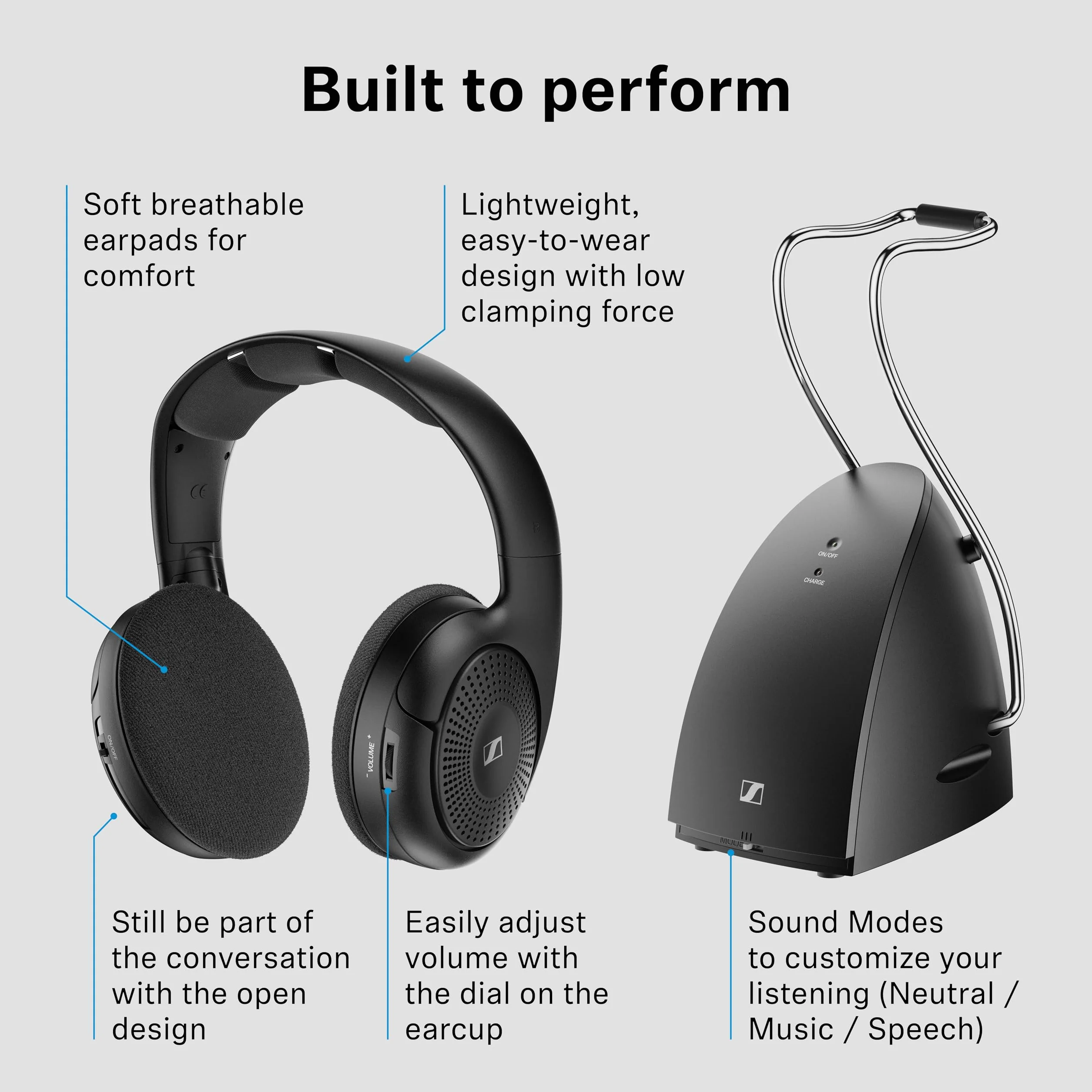 Sennheiser Cuffie Wireless RS 120-W On-Ear per TV, 3 Modalità Audio, Volume, Portata 60 m, Nero