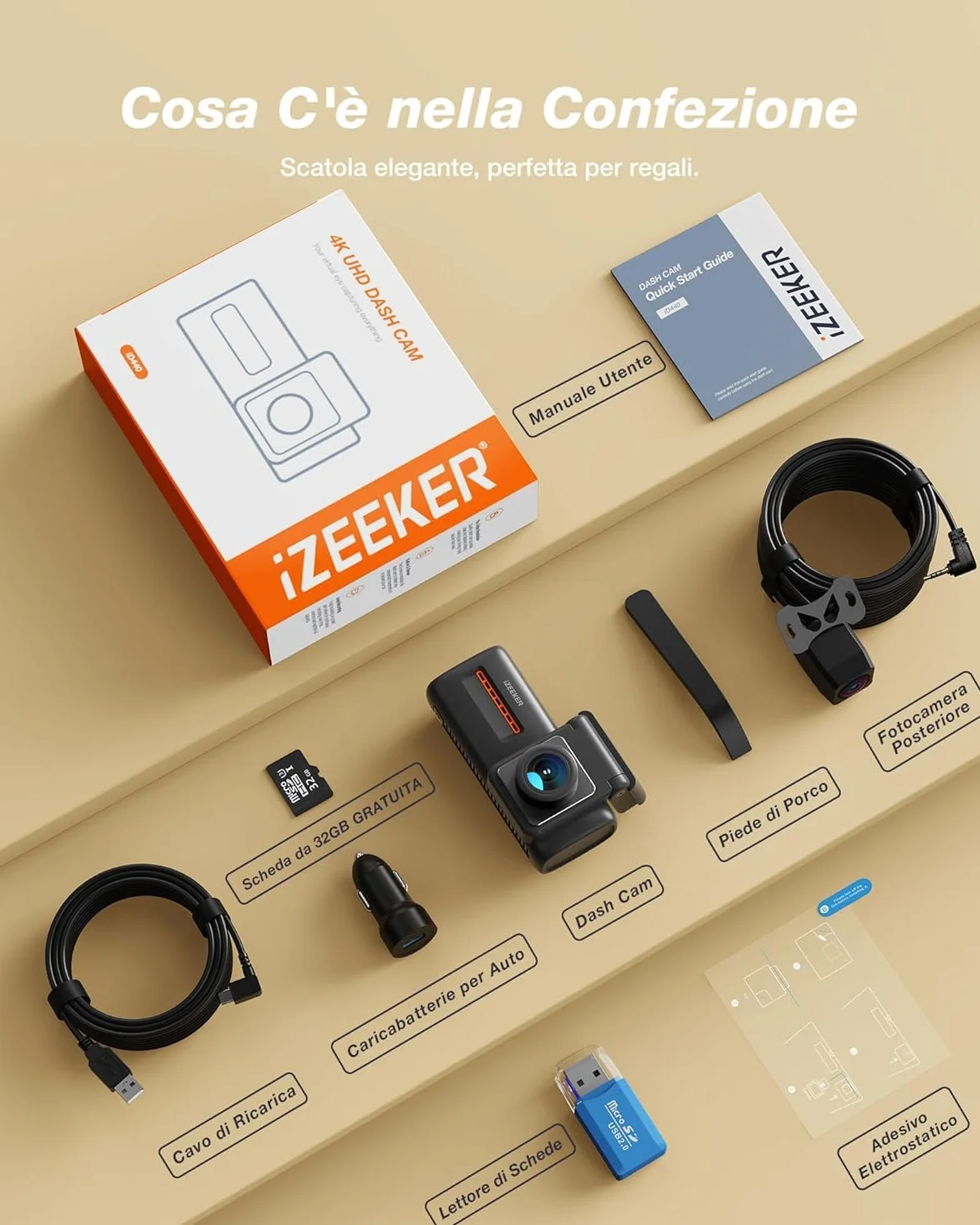 iZEEKER 4K Dash Cam Auto, WiFi 6 Dashcam Auto con Scheda SD 32G, Doppia Dash Cam 4K+1080P, Display IPS da 2,99", APP, Visione Notturna, Sensore G, Registrazione in Loop, Modalità Parcheggio 24H