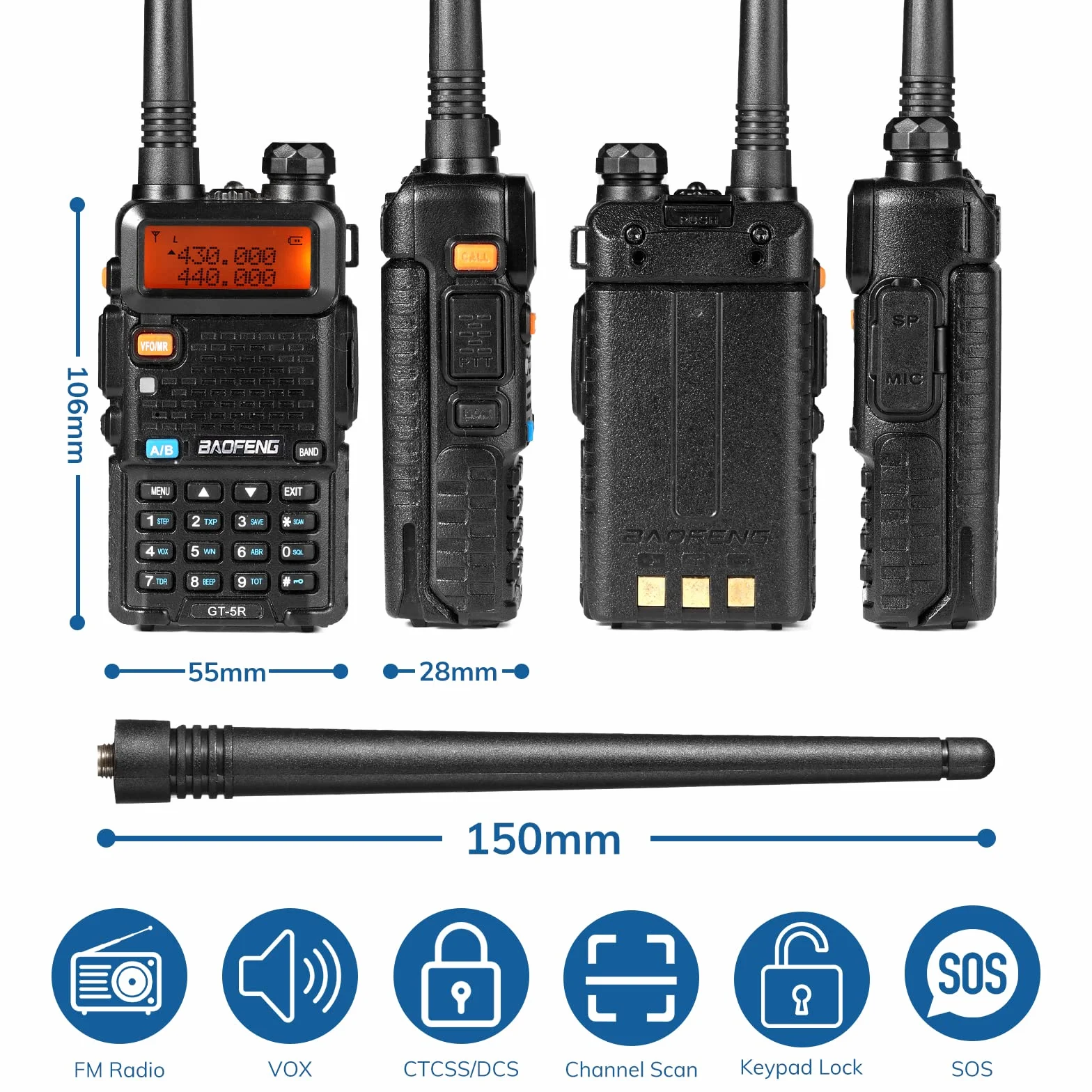 BAOFENG GT-5R Walkie Talkie Aggiornato Dual Band UHF VHF Radio Bidirezionale a Lunga Portata Radioamatore con frequenze 144-146/430-440MHz, 128 Canali, Batteria da 1800mAh, Supporto CHIRP