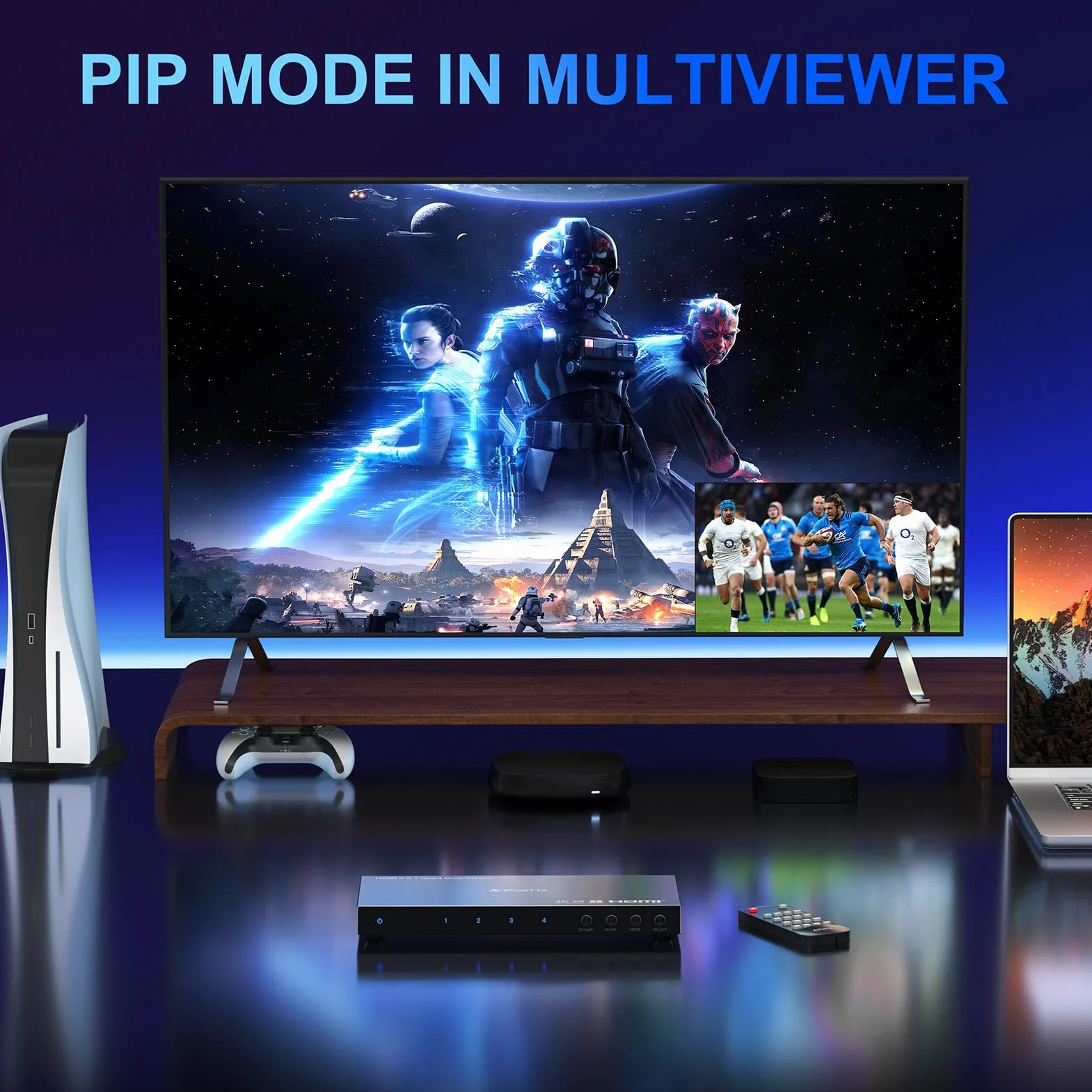 4K HDMI Multiviewer Switch 4x1 con PIP, Porta Quad Multi Viewer Switcher 4 in 1 Out con TosLink, supporto audio da 3,5 mm Supporto 4K 30Hz, 6 modalità di visualizzazione, downscaler