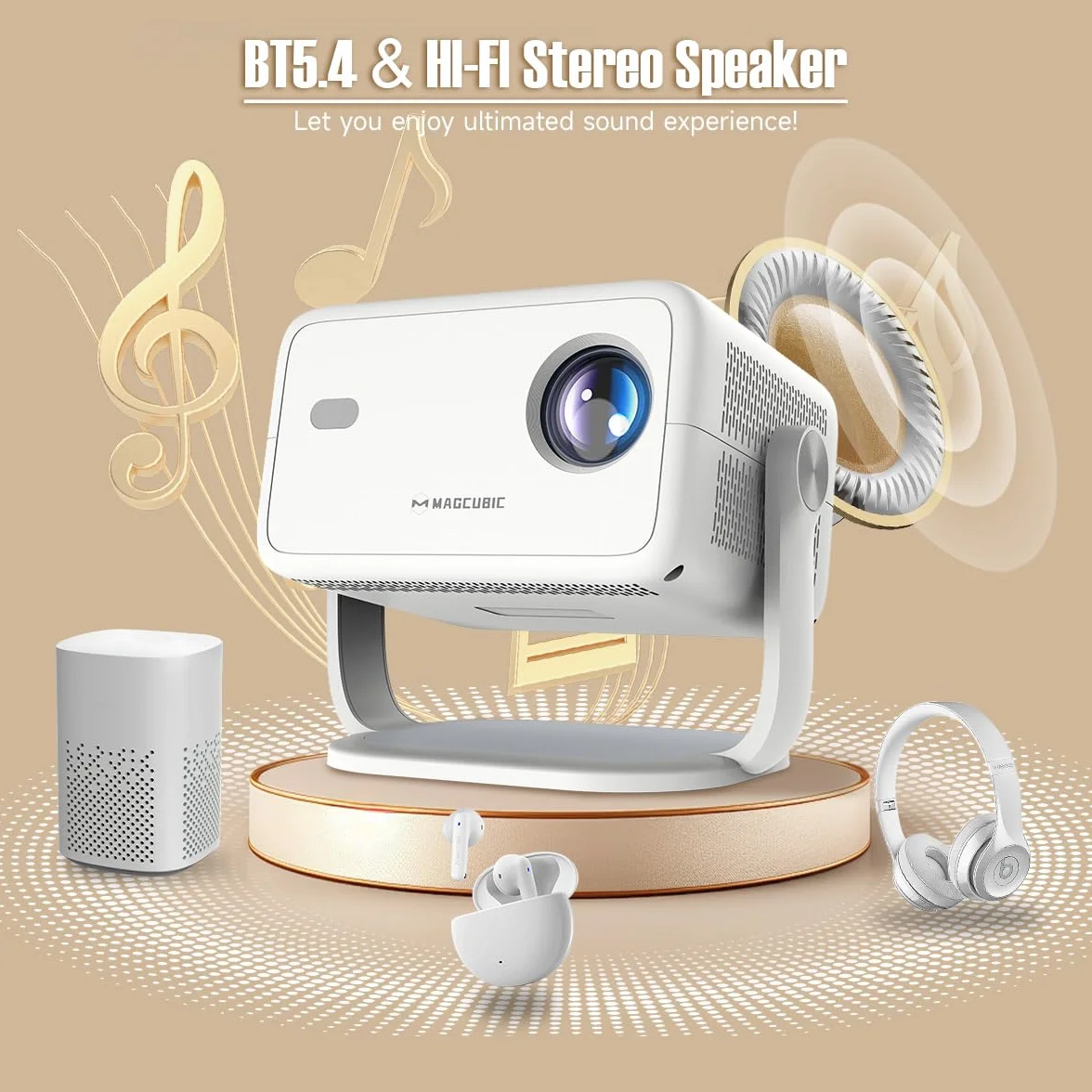 Magcubic Mini Proiettore Native 1080P, 4K 8K Supportato, Proiettore Portatile Android 14, WiFi 6 Bluetooth 5.4, 600 ANSI Lumen, Autofocus, Altoparlante 12W, Rotazione 180°, Home (Bianco puro)