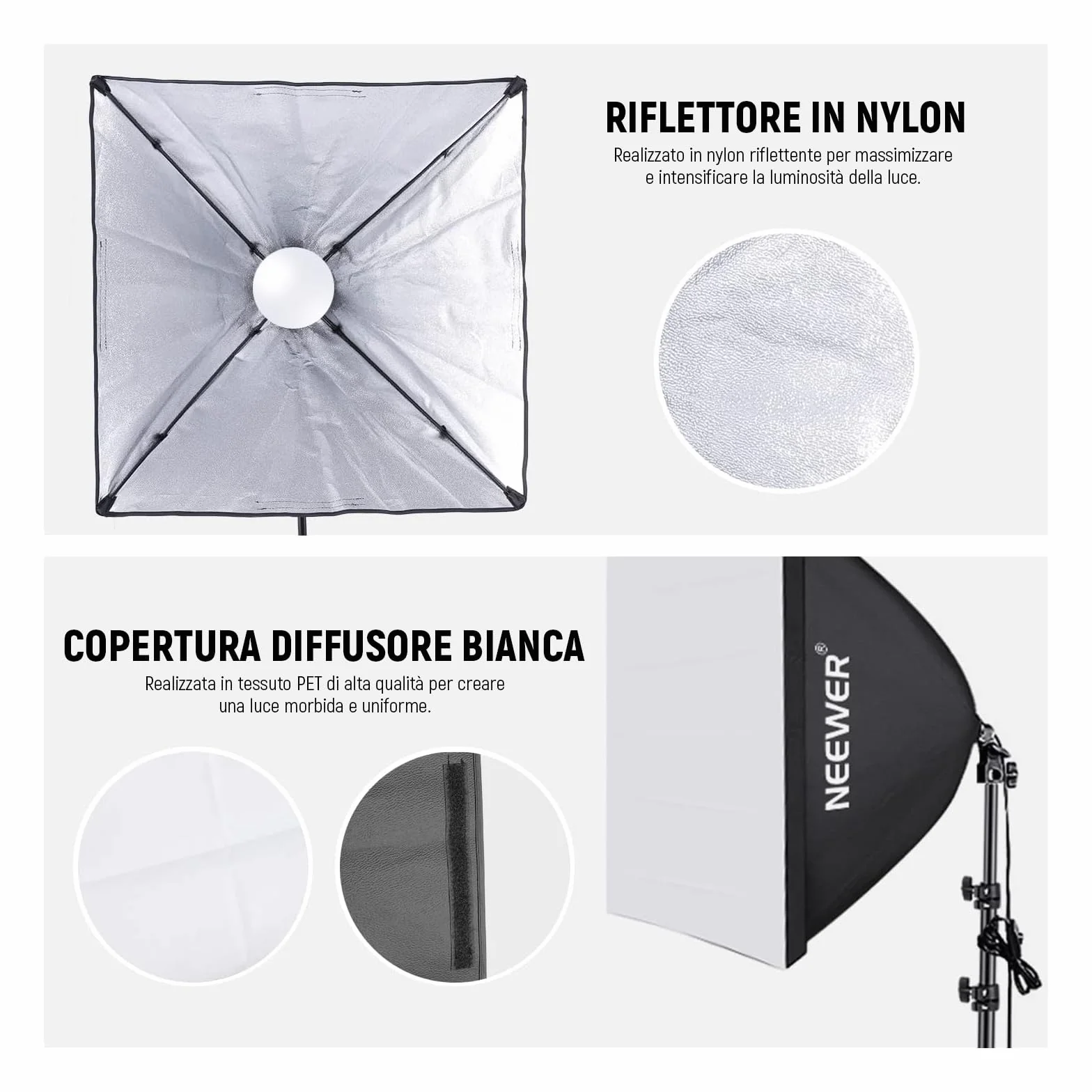 NEEWER 700W Equivalente Softbox Kit Illuminazione, Confezione da 2 5700K Lampadine a LED, 24" x24" Softbox con Presa E27, Kit Illuminazione Continua per Fotografia Attrezzatura da Studio Fotografico