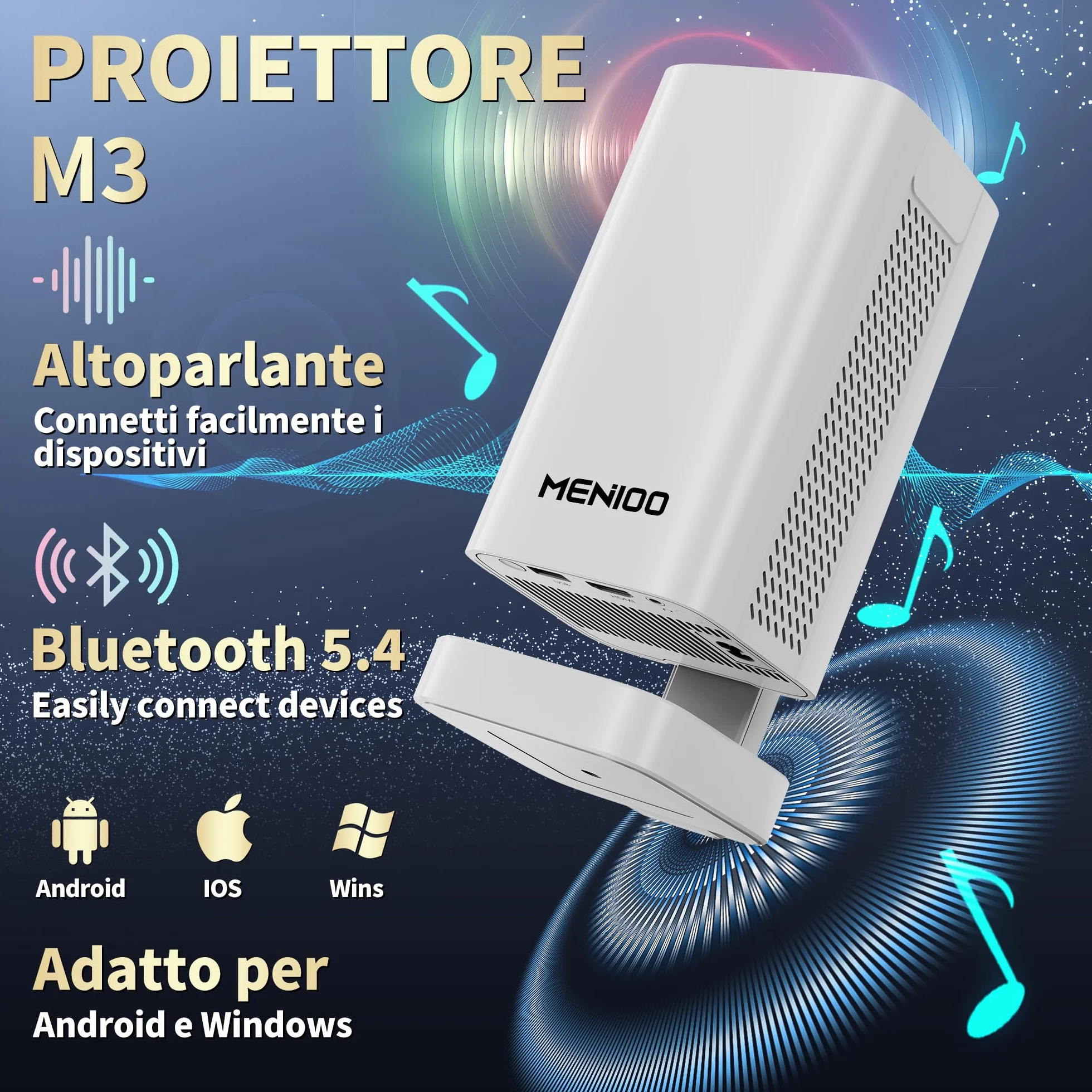 Mini Projector 4K【App integrata& Auto Focus Auto Keystone】Support 1080P, Mini Proiettore con WiFi 6 e Bluetooth 5.4 e Rotabile 90°, Portable Projector per Home Theater con HDMI/TV Stick/Laptop- Bianco