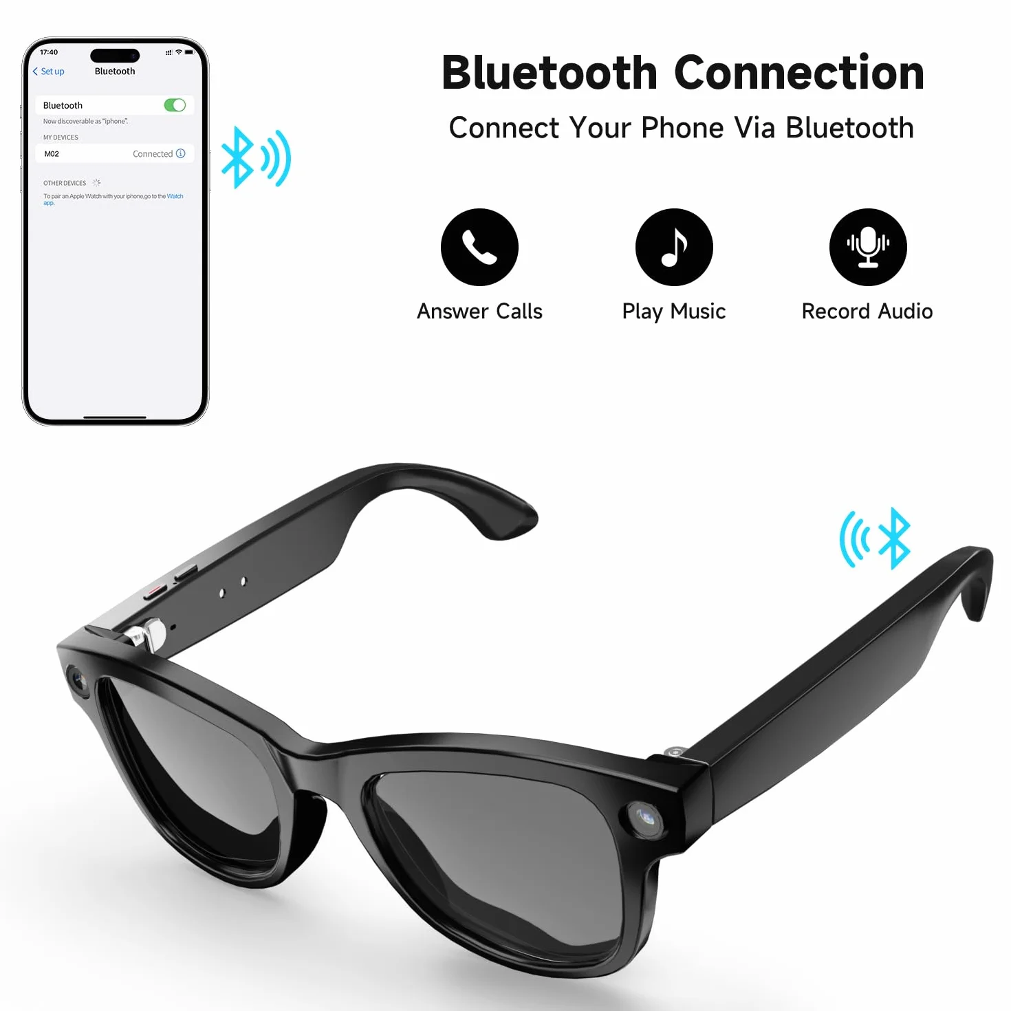 ELECGO Occhiali intelligenti AI con videocamera HD 1080p da 8 MP, occhiali da sole audio Bluetooth, traduzione in tempo reale, controllo vocale, tempio regolabile a 15°