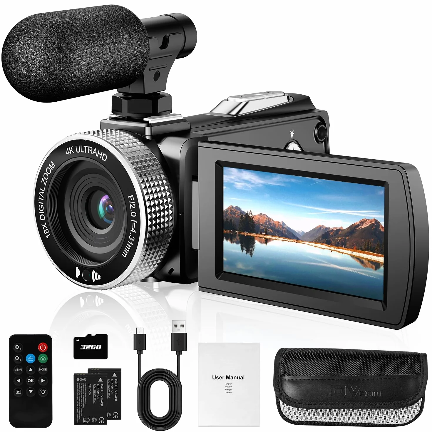 Videocamera Digitale 4K, Videoregistratore 48MP Foto/4K 60fps, Videocamera per Principianti per Vlogging, Youtube, con 2 Batterie/Microfono Esterno/Scheda SD/Telecomando