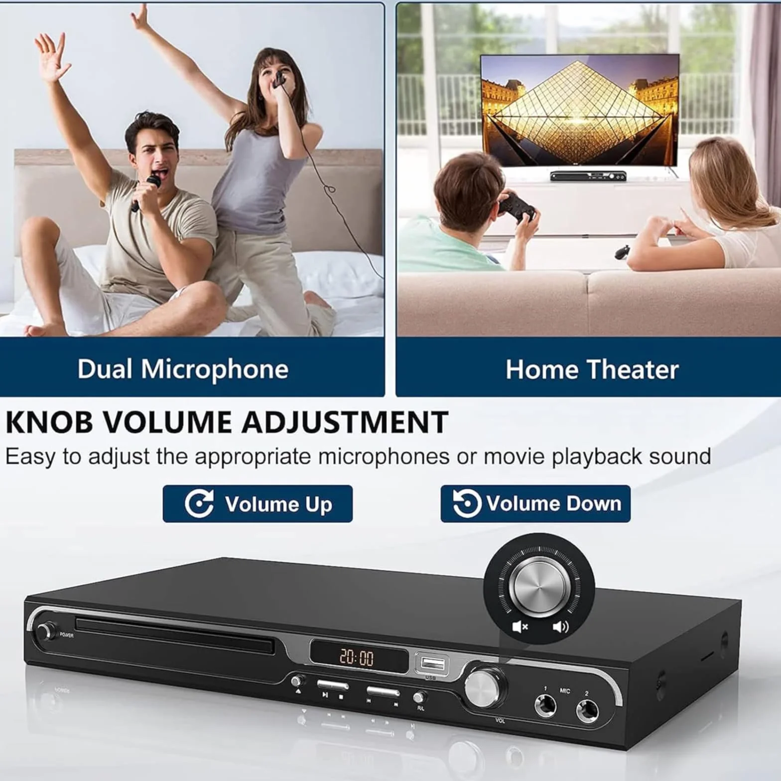 Maite Lettore DVD HD 1080P per TV, HDMI con doppio ingresso per microfono, region free, supporto ingresso scheda USB/SD, uscita HDMI/AV, pulsante in metallo e suono Dolby