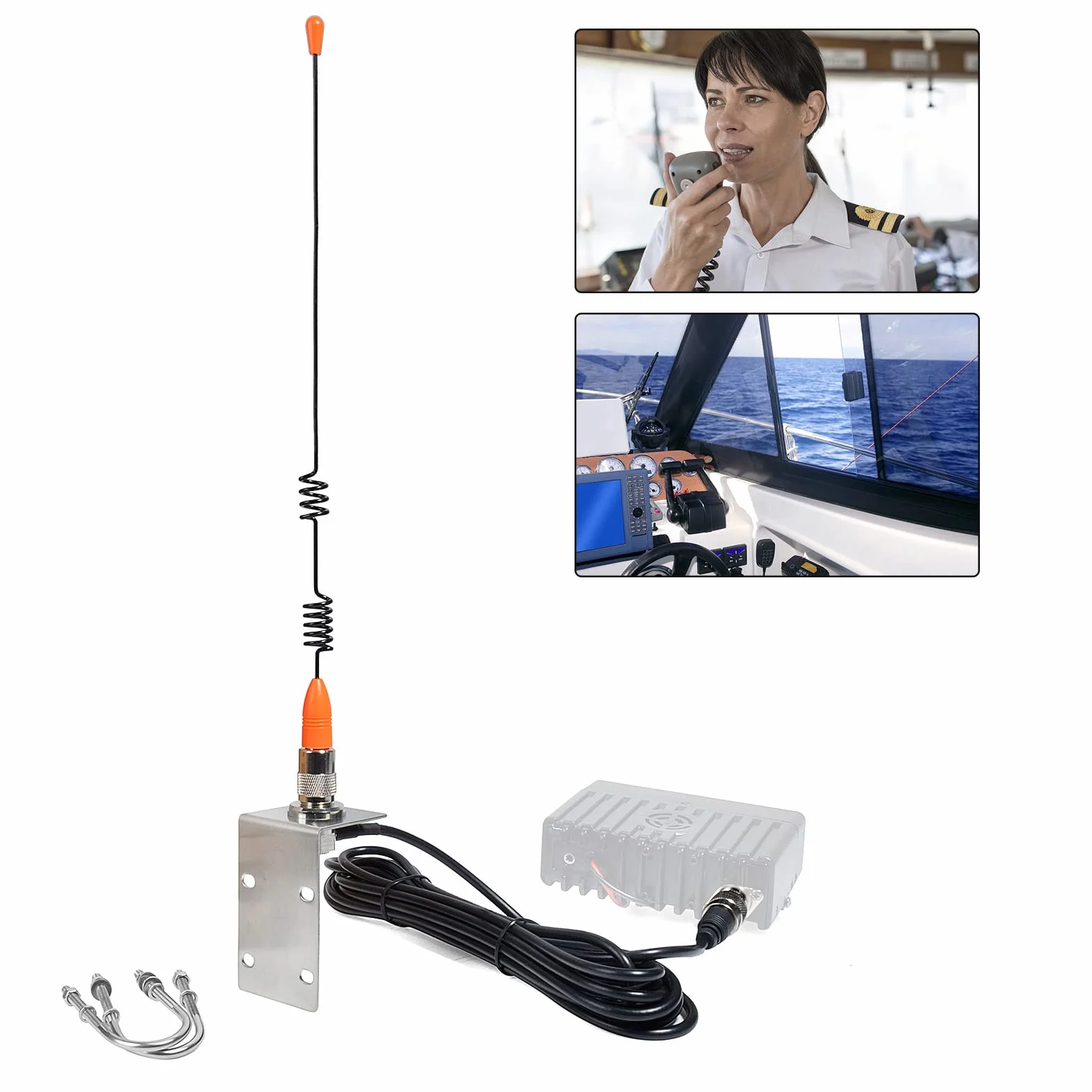 VHF - Antenna per barca, 156-163 Mhz, con cavo coassiale RG58 da 5 m e staffa parafango a forma di L, per radio mobile nave, yacht (orange)