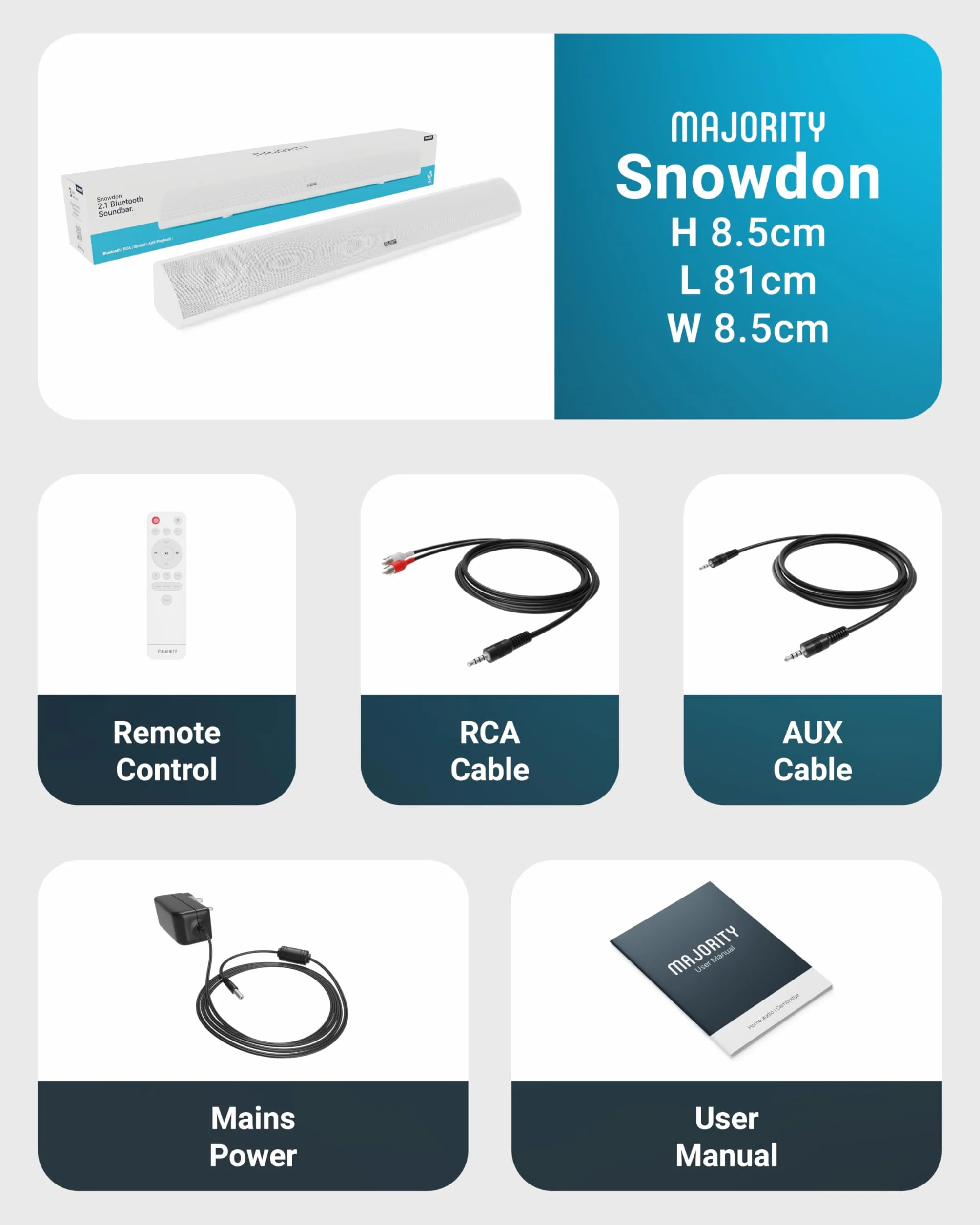 MAJORITY Soundbar Bluetooth per TV | Soundbar stereo montabile a parete | 120 Watt e audio 2.1 canali | Soundbar con subwoofer integrato, telecomando incluso Snowdon Sound bar, connessione multipla