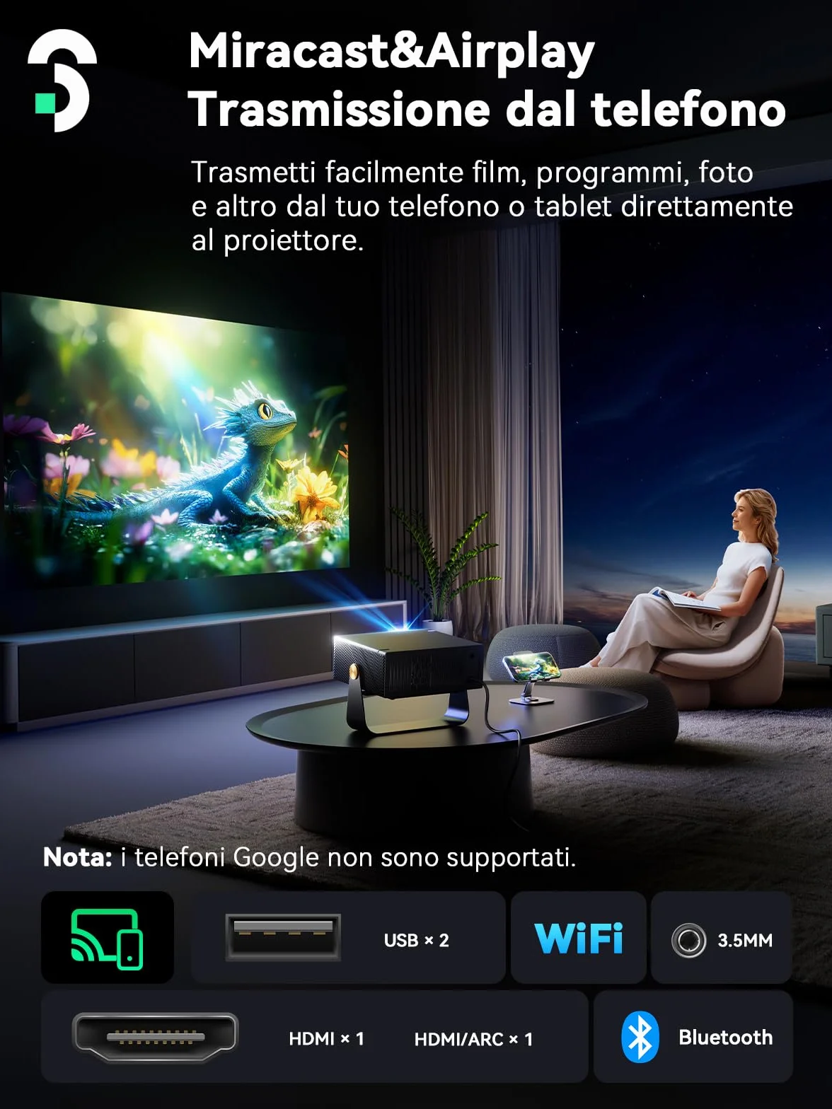 SOOMFON SK3 Proiettore Portatile 4K Supporta 1080P Nativo Smart TV | Auto Focus e Keystone Videoproiettore 500 ANSI WiFi Bluetooth 360° Rotation Netflix Compatibile per HDMI/Home Cinema/Esterni
