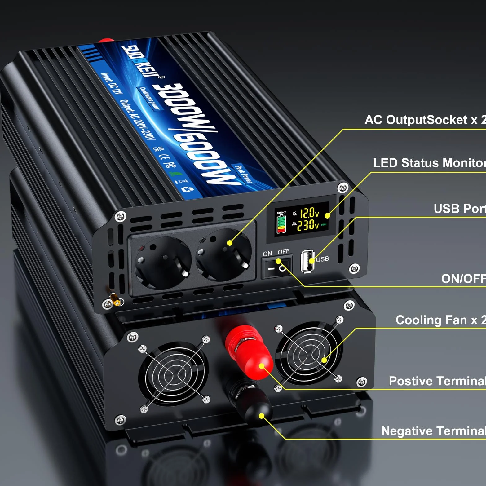 Inverter 12 V 230 V 3000 W/6000 W convertitore di tensione modificato Sinus Wave Inverter con 2 prese AC e porta USB e Type-C per auto camper veicoli